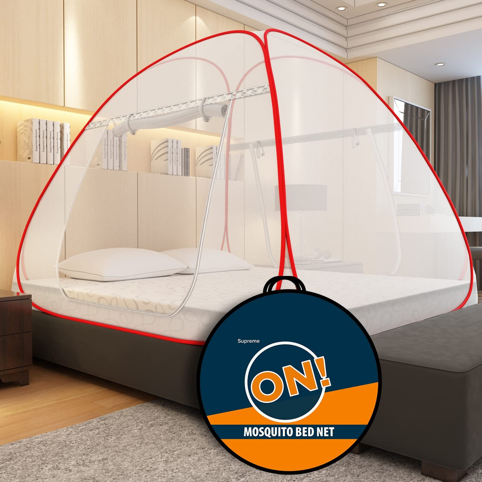 Supreme On Mosquito Net for Double Bed [6 FeetX6.5 Feet], Queen-Size Premium Machardani with 30 Pair of Stars Strong and Durable, 30 GSM, Tent Type, Foldable, Corrosion Resistant(Queen Bed, Red)