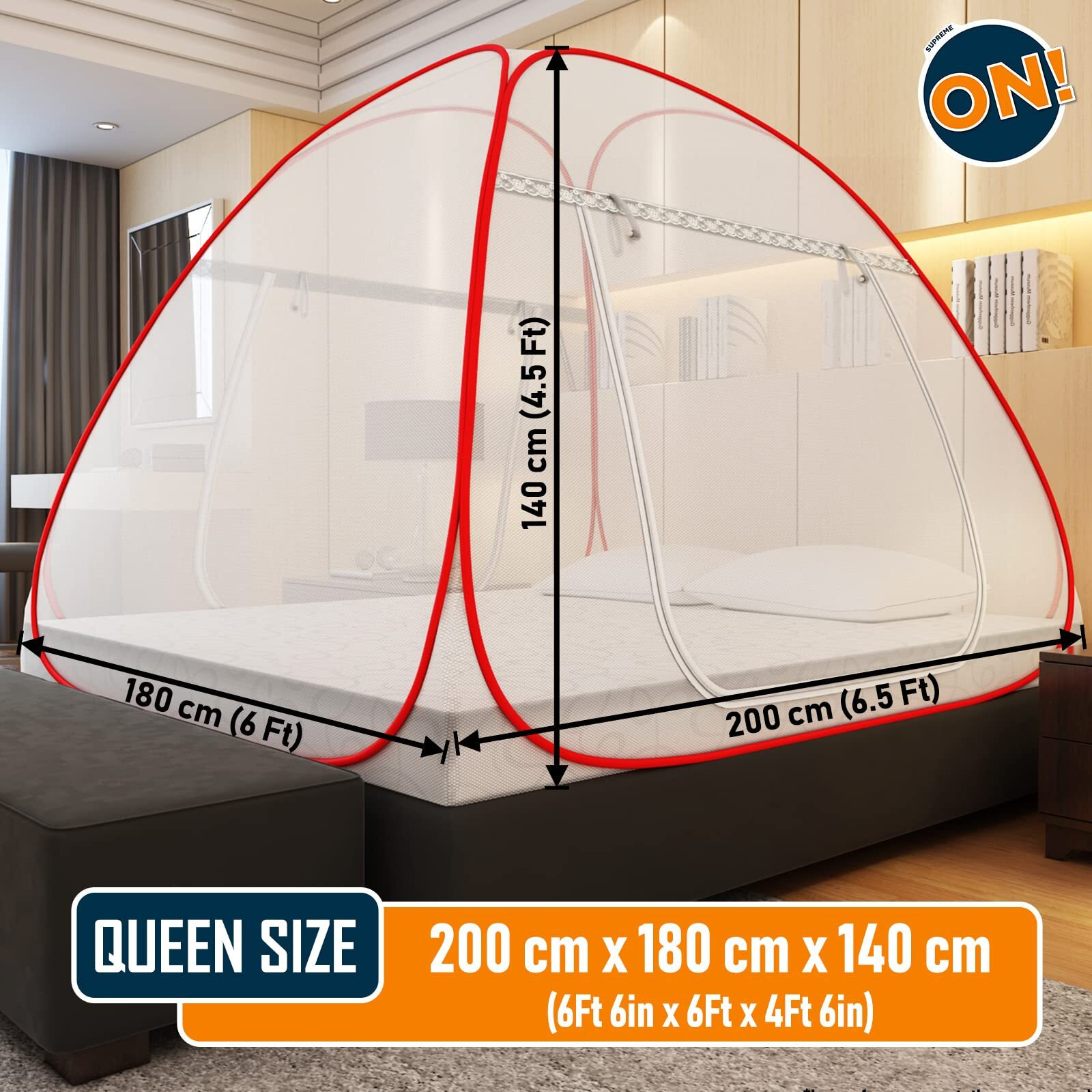 Supreme On Mosquito Net for Double Bed [6 FeetX6.5 Feet], Queen-Size Premium Machardani with 30 Pair of Stars Strong and Durable, 30 GSM, Tent Type, Foldable, Corrosion Resistant(Queen Bed, Red)