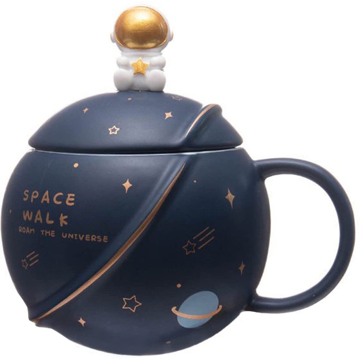 NYRWANA Coffee Mug, Mugs for Coffee, Rakhi for Brother, Birthday Gift, Coffee Mug with Lid, Mug with Lid & Spoon, Ceramic Mug, 3D Creative Space and Astronaut Planet Coffee Mug (400ml - Dark Blue)