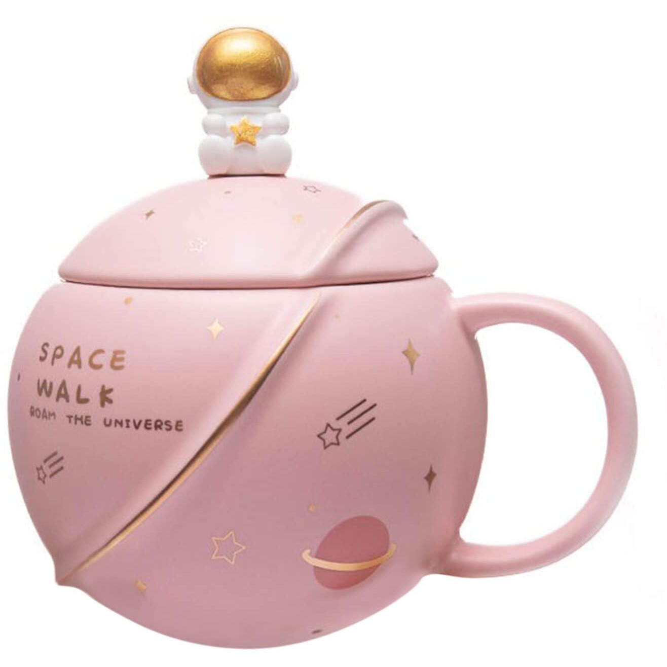 NYRWANA Coffee Mug, Mugs for Coffee, Rakhi for Brother, Birthday Gift, Coffee Mug with Lid, Mug with Lid & Spoon, Ceramic Mug, 3D Creative Space and Astronaut Planet Coffee Mug (400ml - Pink)