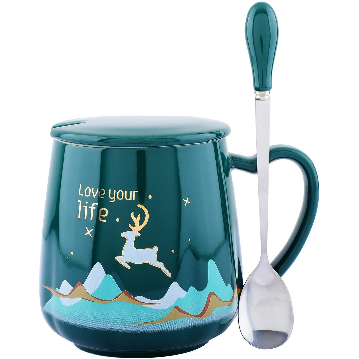 NYRWANA Love Your Life Coffee Mug, Mugs for Coffee, Rakhi Gift, Birthday Gift, Coffee Mug with Lid, Coffee Mugs, Tea Mug, Cups and Mugs, Ceramic Coffee Mug with Spoon (420ml - Green)