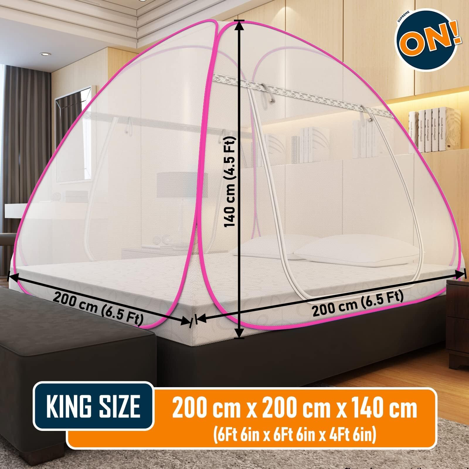 Supreme On Double Bed Mosquito Net, King-Size (6.5 Feet X 6.5 Feet) Premium Machardani, Strong and Durable, 30 GSM, Tent Type, Foldable, Corrosion Resistant