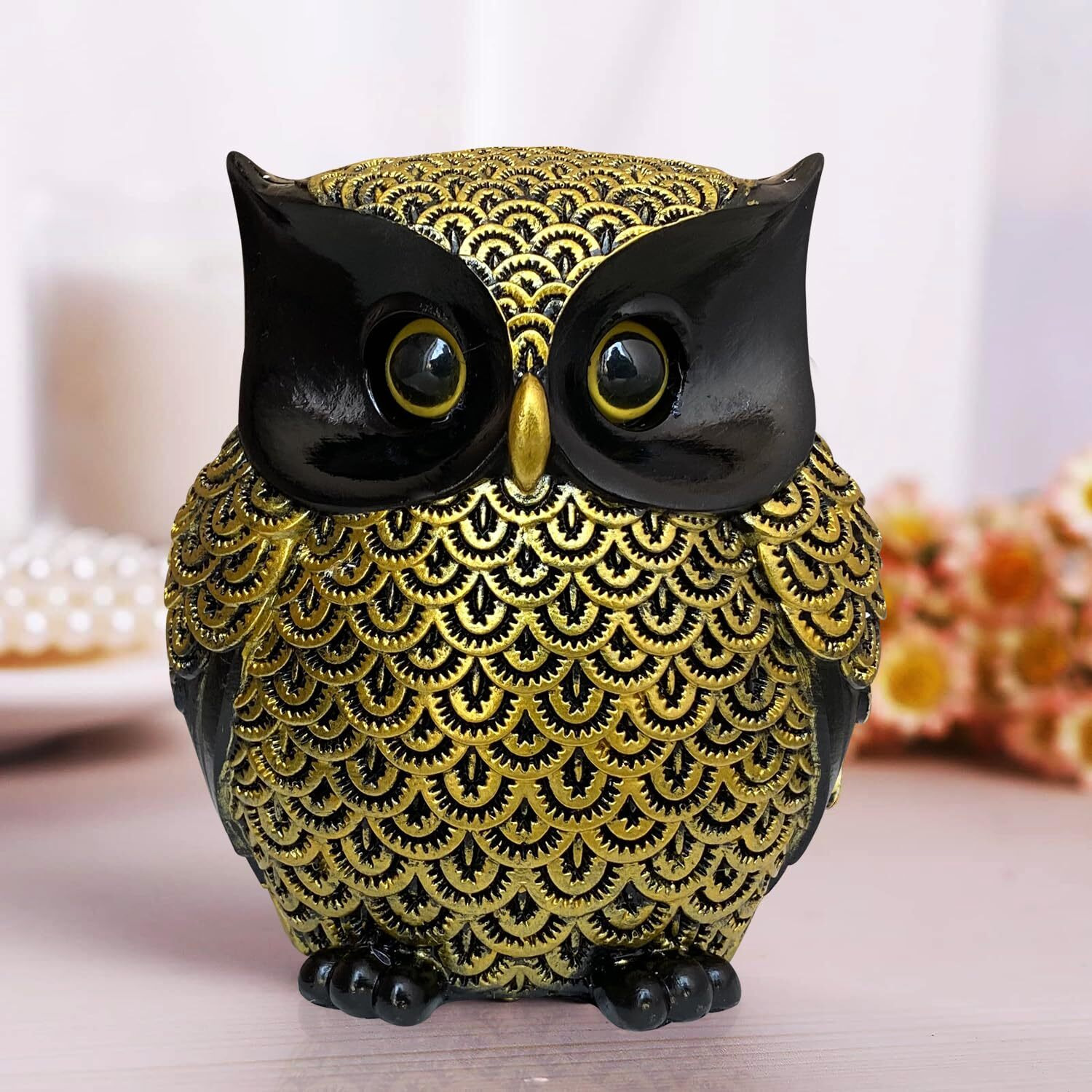 Xtore Modern Classy Lucky Owl Resin Art Figure Showpiece (Pack of 1, Black and Golden)