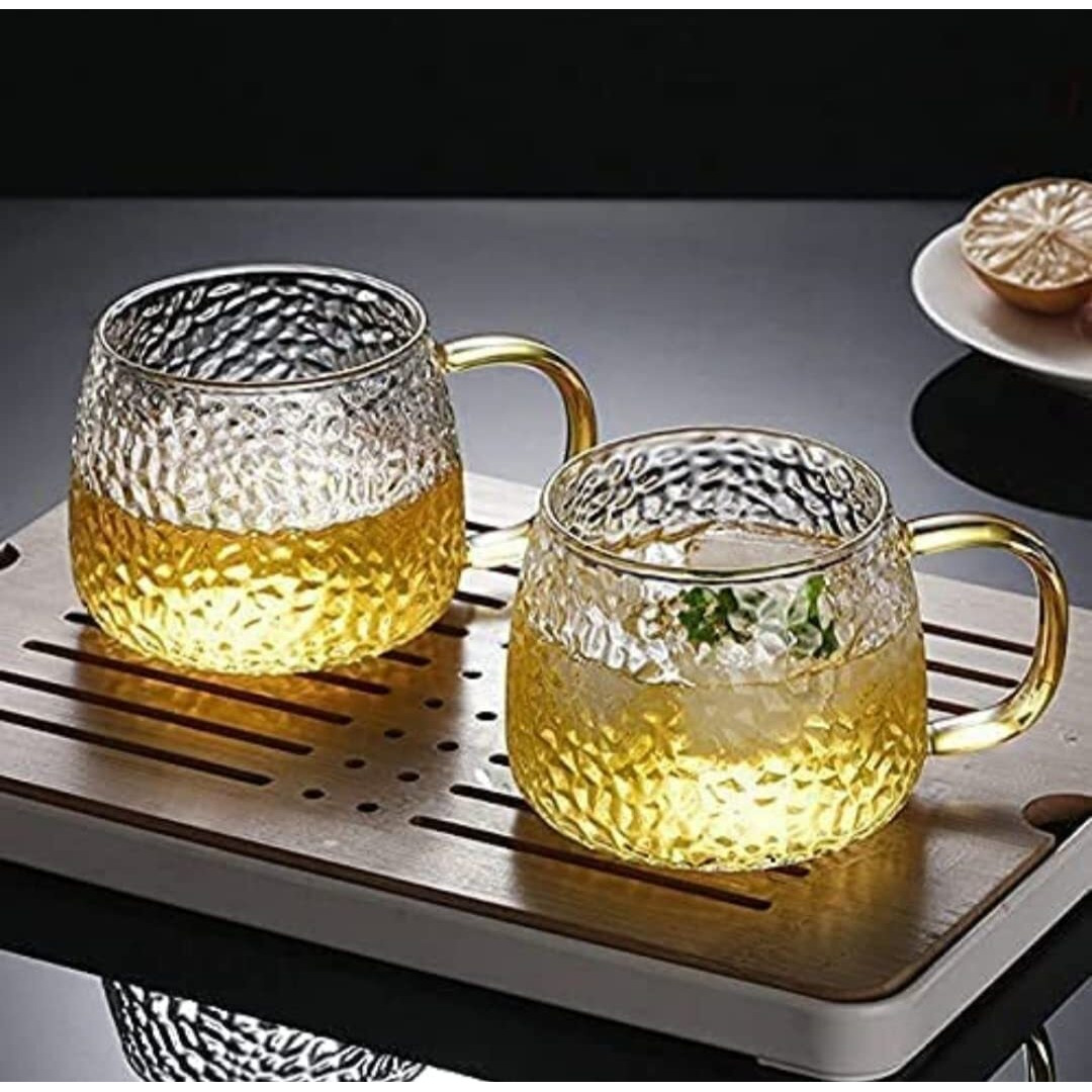 KiKiluxxa Glass Coffee Mugs 410ml with Golden Handle Set of 5 - Clear Tea Cup Set for Coffee, Tea, Milk, Hot & Cold Beverage