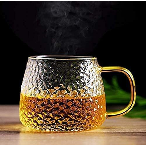 KiKiluxxa Glass Coffee Mugs 410ml with Golden Handle Set of 5 - Clear Tea Cup Set for Coffee, Tea, Milk, Hot & Cold Beverage