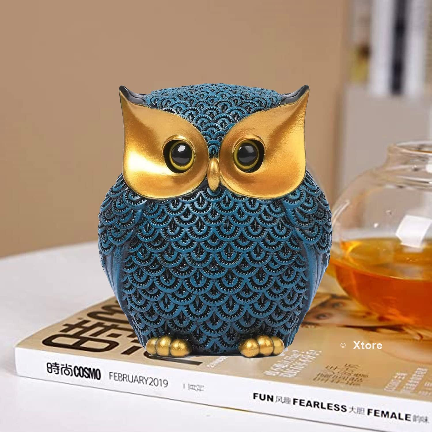 Xtore Modern Classy Lucky Owl Resin Art Figure Showpiece (Blue), 1 Piece