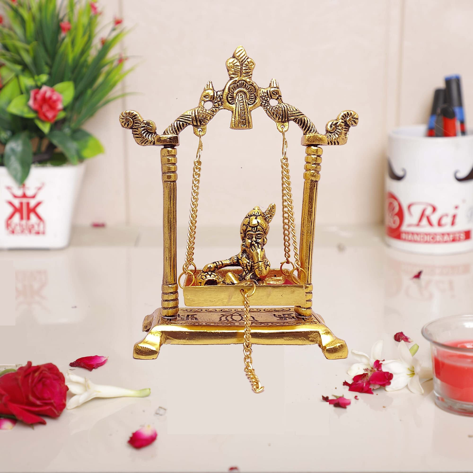 KridayKraft Laddu Gopal on Jhulla Palana Metal Statue Gold Plated Decor Your Home,Office metal Krishna Murti,Showpiece Figurines,Religious Idol Gift Article.