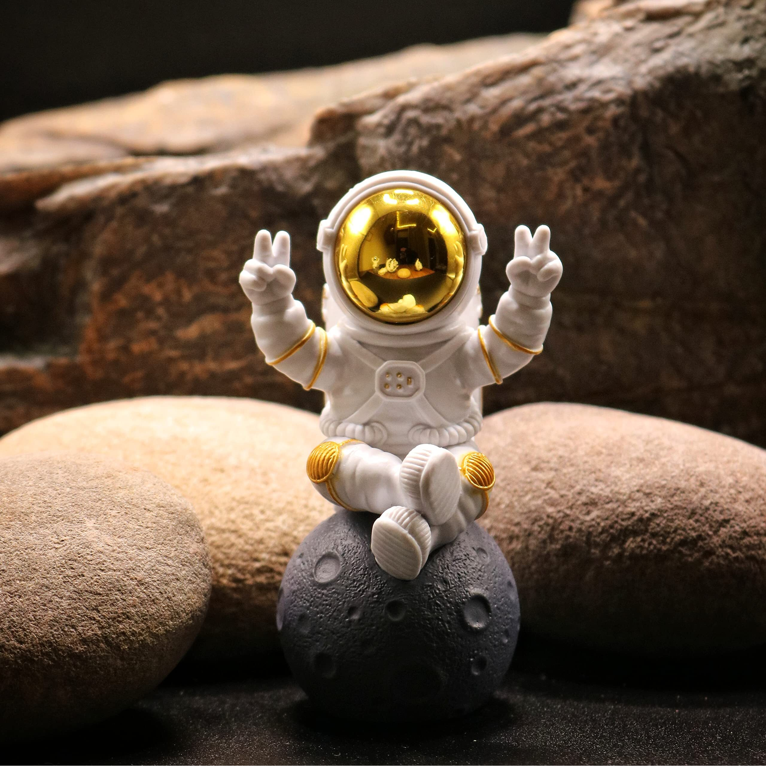 Street27 Astronaut Figurine Showpiece for Home Dcor Idols for Office Desk Table Astronaut Toy for Car Dashboard, Statue for Gift Gifting Items Birthday Decoration (Sitting on moon Golden)