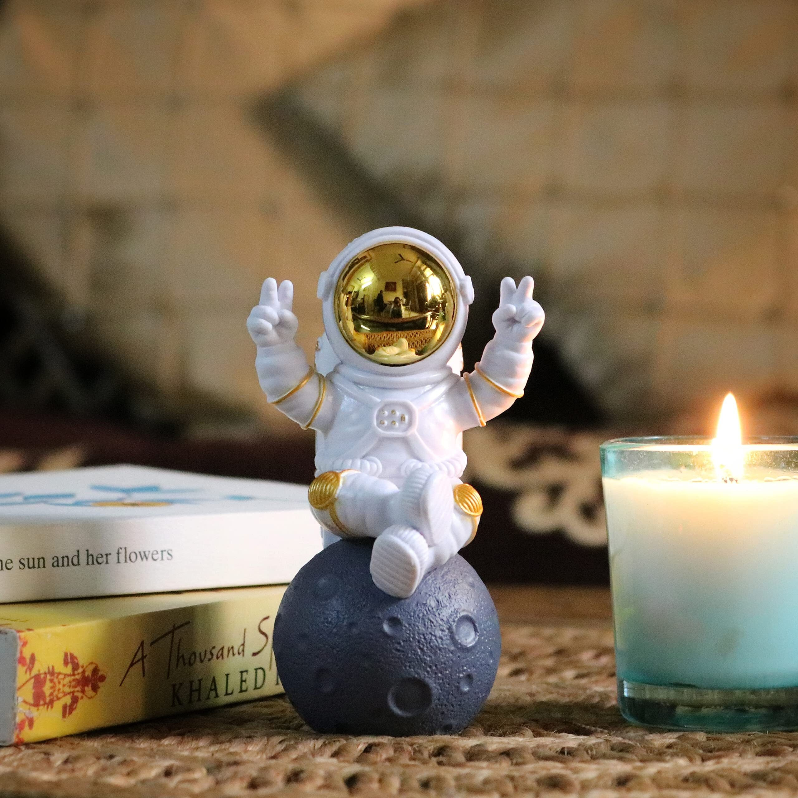 Street27 Astronaut Figurine Showpiece for Home Dcor Idols for Office Desk Table Astronaut Toy for Car Dashboard, Statue for Gift Gifting Items Birthday Decoration (Sitting on moon Golden)