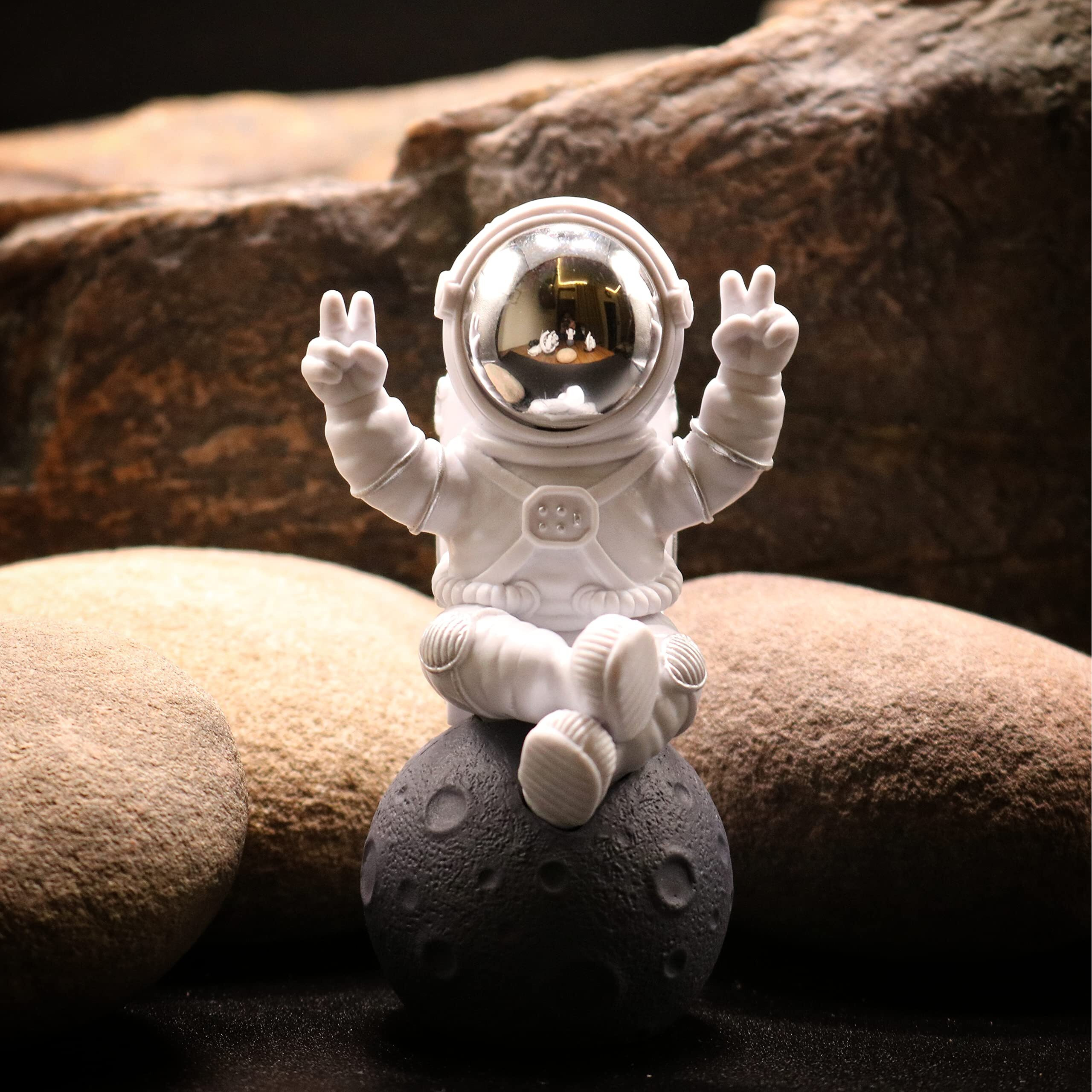 Street27 Astronaut Figurine Showpiece for Home Dcor Idols for Office Desk Table Astronaut Toy for Car Dashboard, Statue for Gift Gifting Items Birthday Decoration (Sitting on moon Silver)