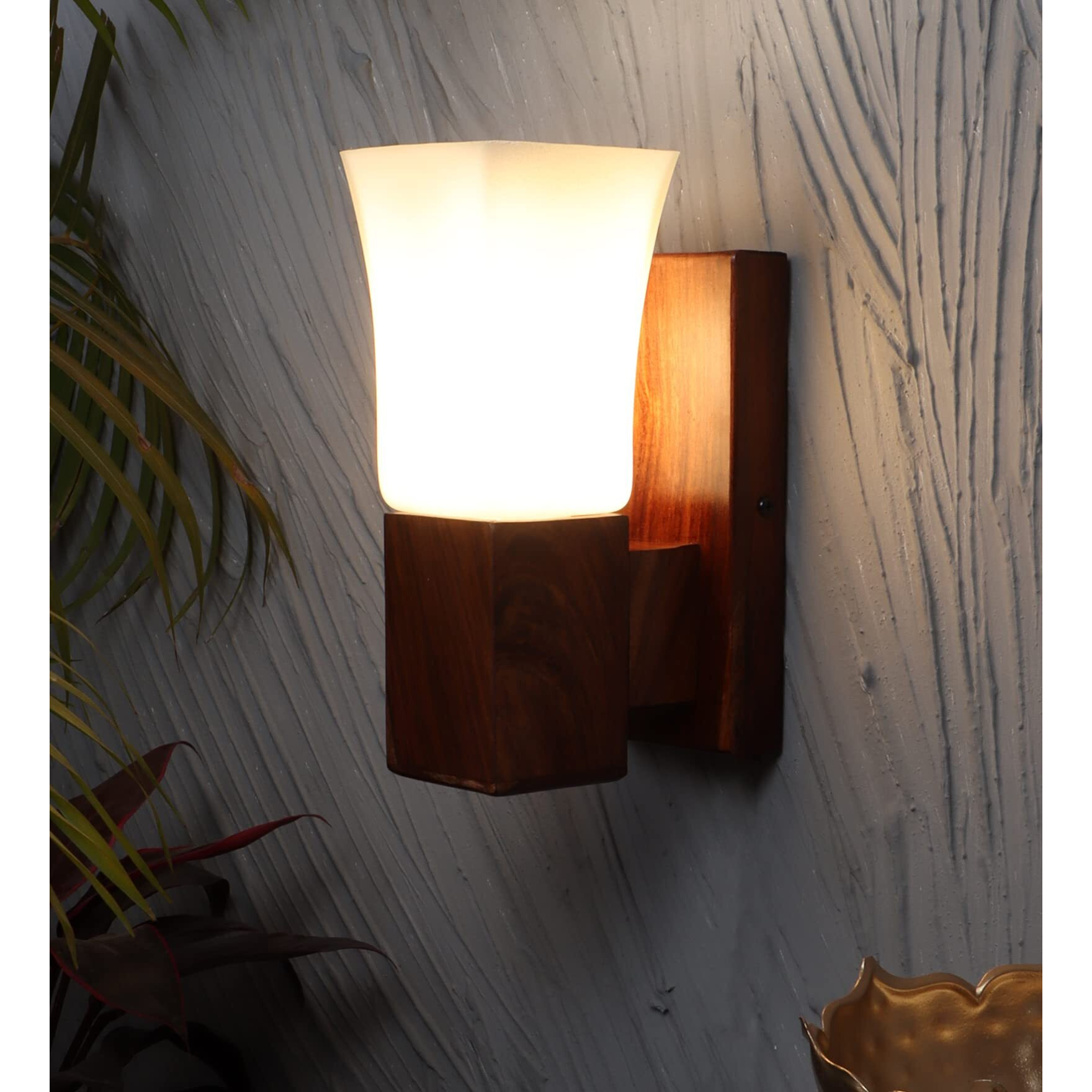 Green House 100% Handmade Sheesham Wood Wall Light Lamp | White Square Glass with E27 Bulb Holder(Bulb not Included) | Perfect Diwali Home Decor Lighting for Bedroom, Living Room, Dining Room, Hallway