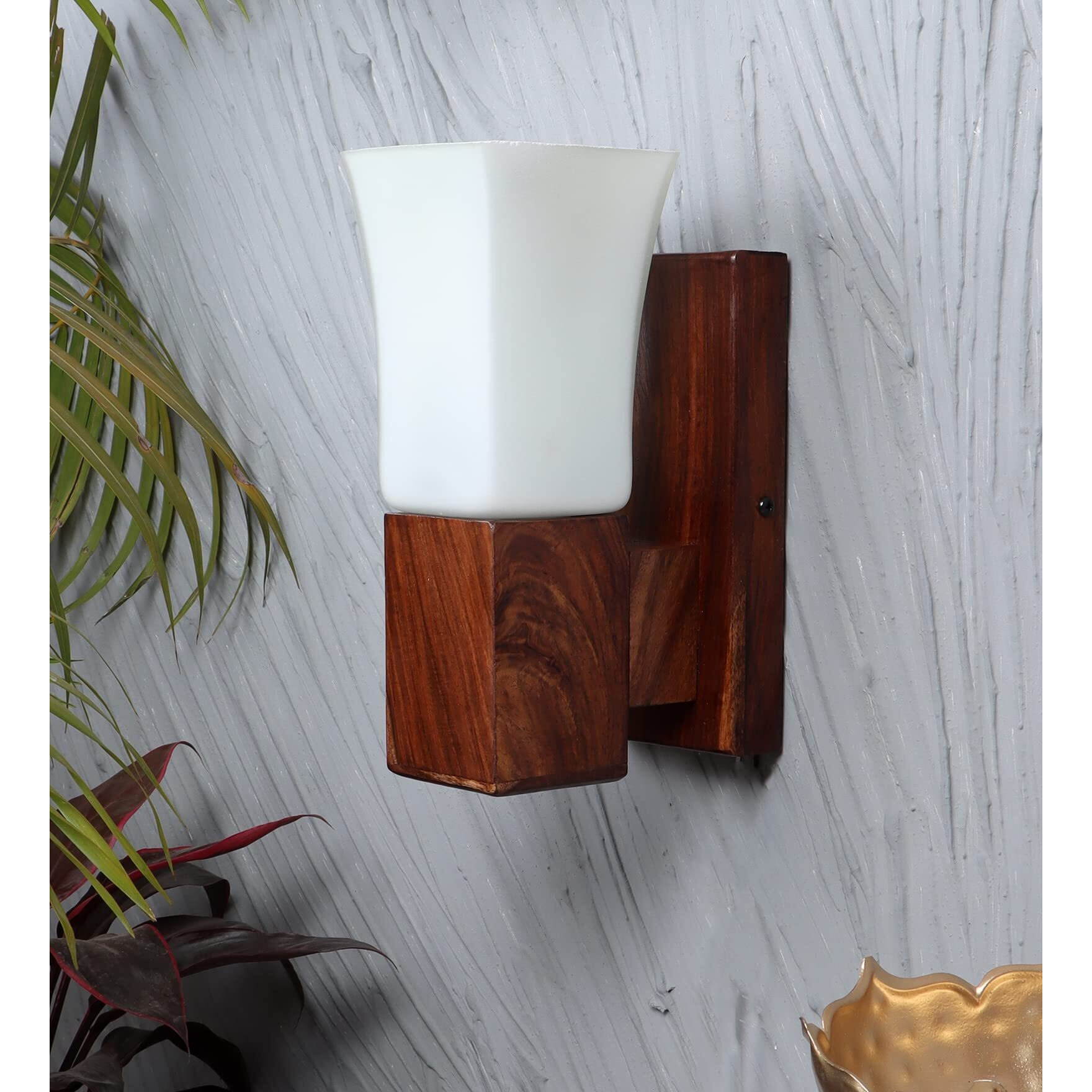 Green House 100% Handmade Sheesham Wood Wall Light Lamp | White Square Glass with E27 Bulb Holder(Bulb not Included) | Perfect Diwali Home Decor Lighting for Bedroom, Living Room, Dining Room, Hallway