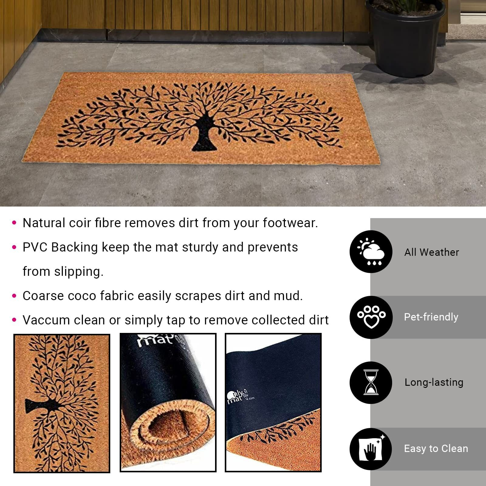 Onlymat Coco Coir Door Mats for Home Entrance & Office, Thick Non Slip PVC Back Front Doormat for Indoor Outdoor Patio (120cm x 40cm, Black & Beige)