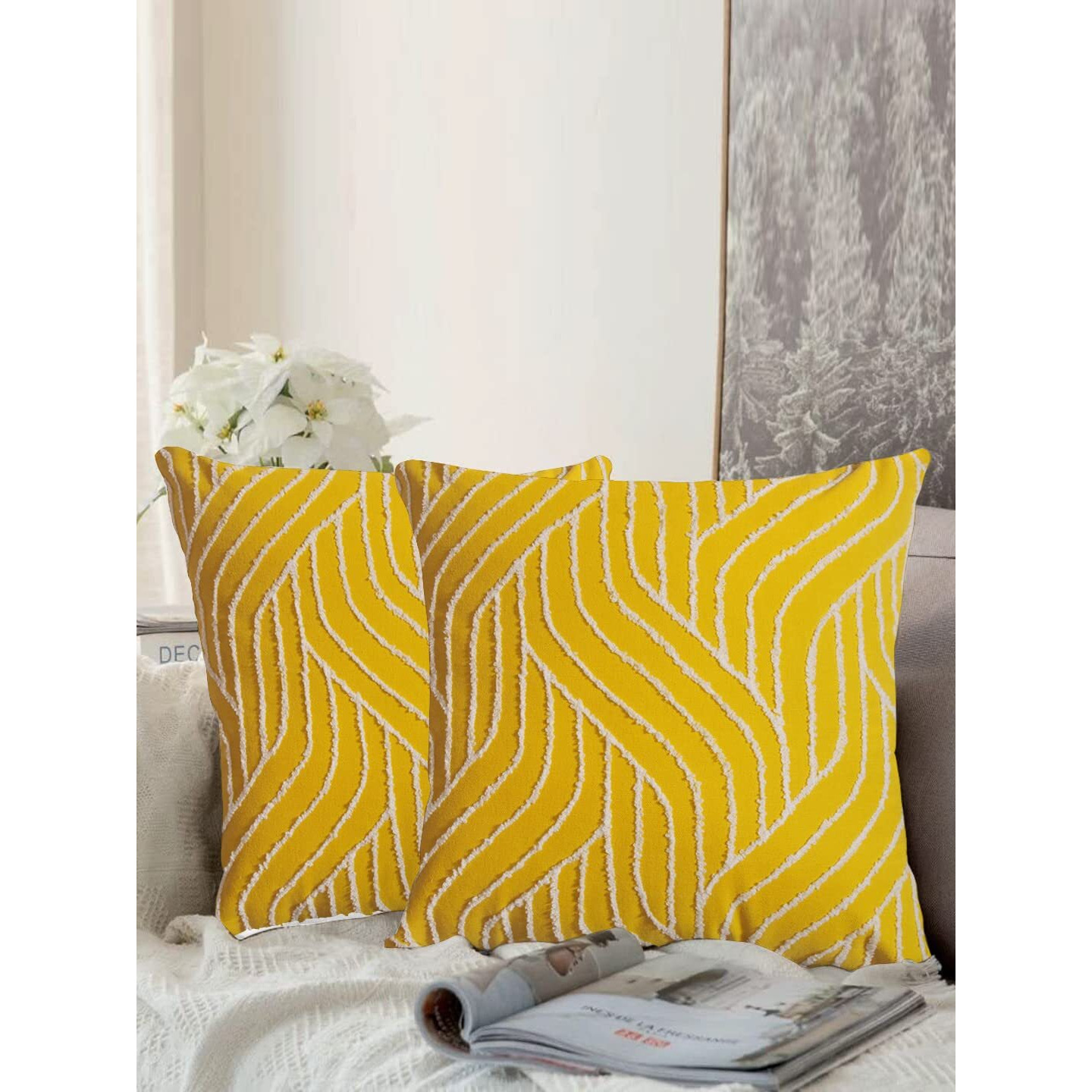 aRDENMEAD Set of 2 Decorative Cottonthrow/Pillow Cushion Covers with Terry Embroidery.Set for Your Sofa,Living Room (16 X 16 Inches | 40 X 40 Cm, Yellow) (Yellow), 210 TC