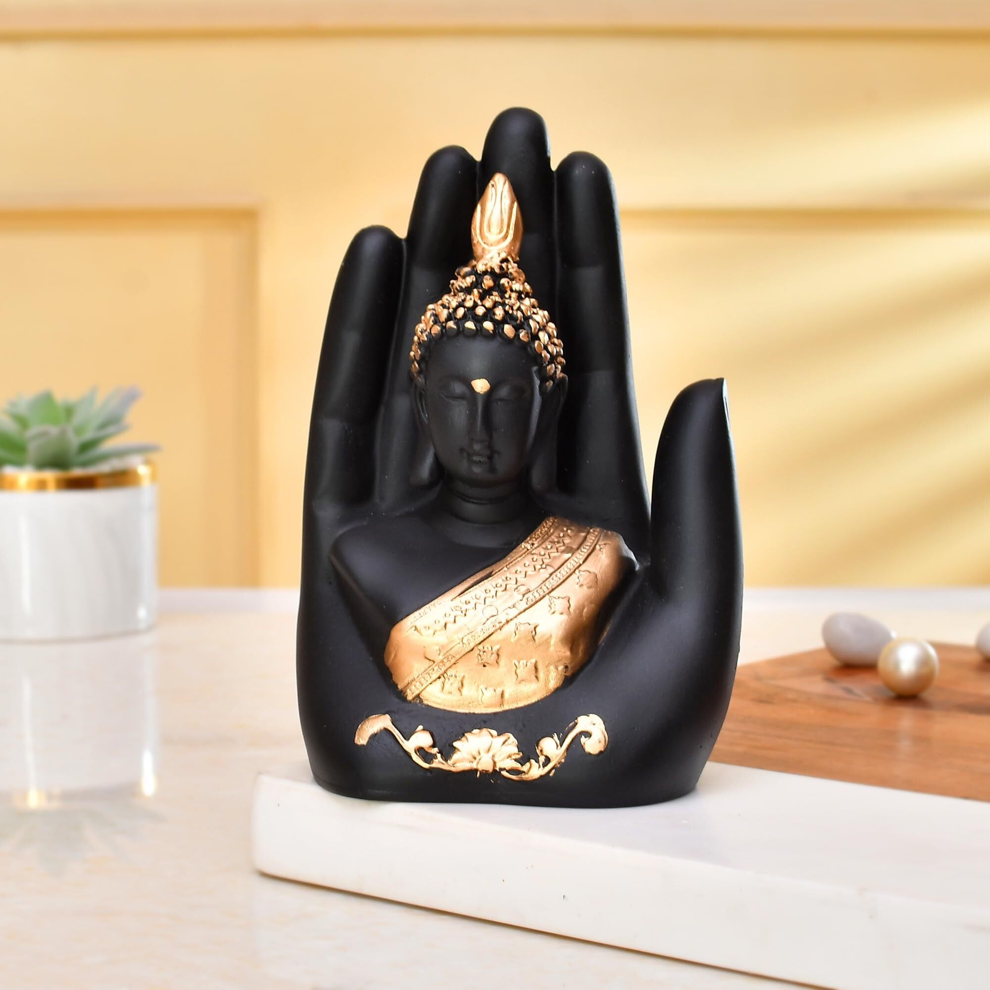 CraftVatika Golden Handcrafted Palm Buddha Idol for Home,Office and Gifts - Palm Buddha Hand Statues for Living Room Mandir Pooja Room Living Room Diwali Decor