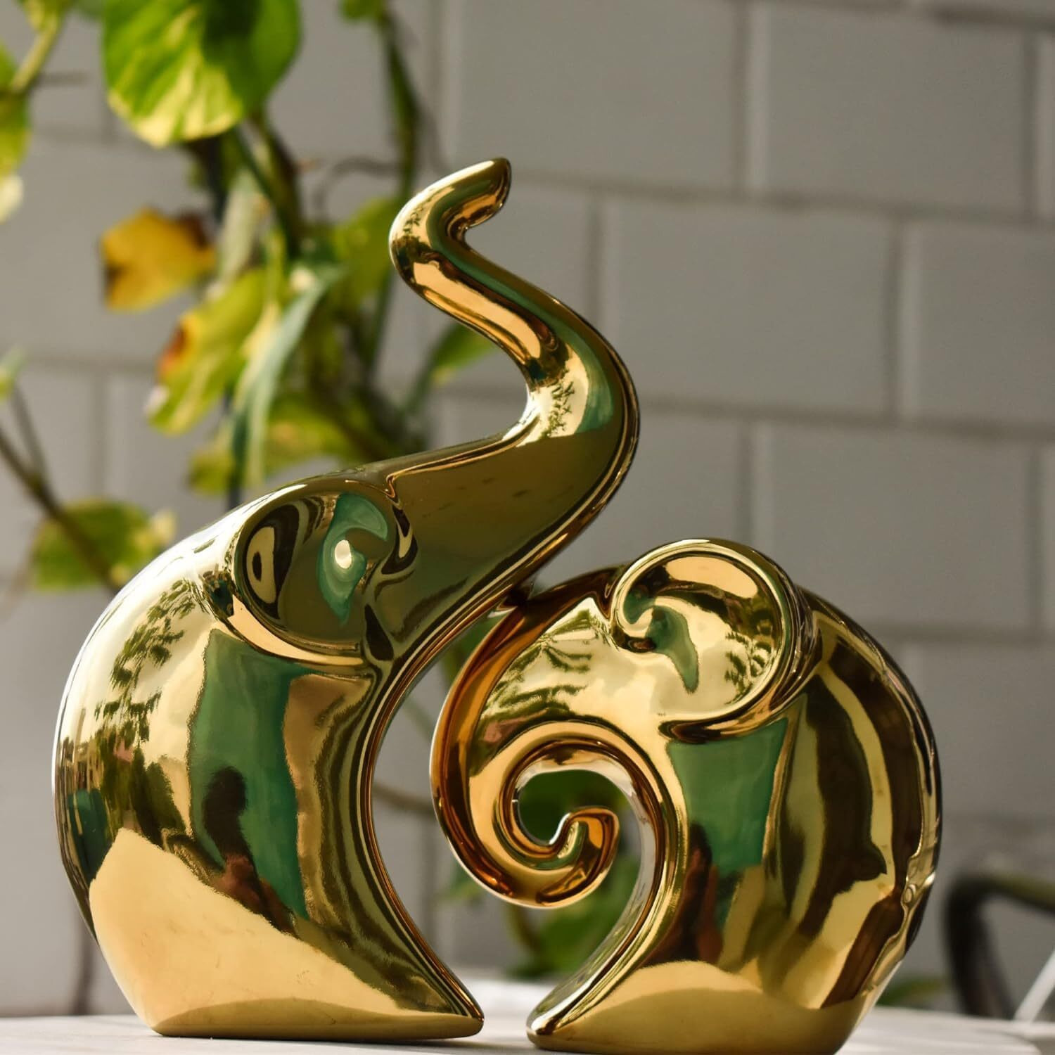 Xtore Beautiful Golden Elephant Couple for Home Decor (Pack of 2, Golden)