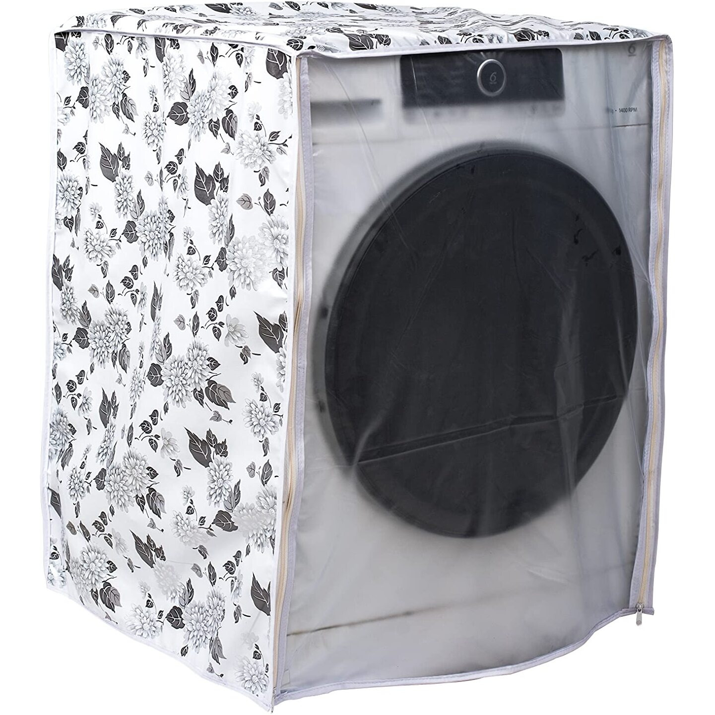 Classic Front Load Washing Machine Cover For Samsung 8.5 Kg,9 Kg,9.5Kg,10 Kg,10.5 Kg,11 Kg,11.5 Kg,12 Kg (72Cmsx63Cmsx81Cms,Half White & Grey). Pack Of  1 Washing Machin Cover - Polyvinyl Chloride