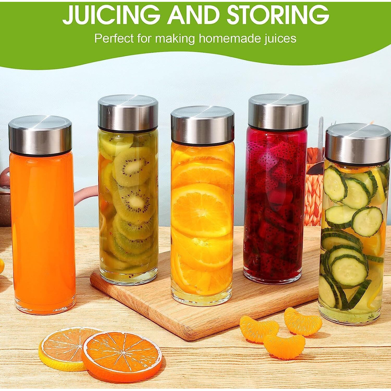 Vency Water Bottle with Leak-Proof Lid - Water, Smoothie, Juicer and Beverage Glasses (Set Of 6, 750ml Big cap Glass Bottles)