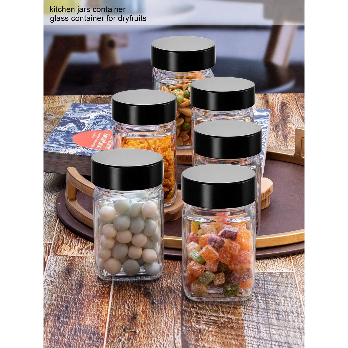 Brezzycloud Cubical Square 300ml Transparent Glass Jars & Containers for Kitchen, Cube Storage Glass Jar, 300 ml Each, Transparent Glass Jat with Black Color Plastic Airtight Lid (Set Of 12)