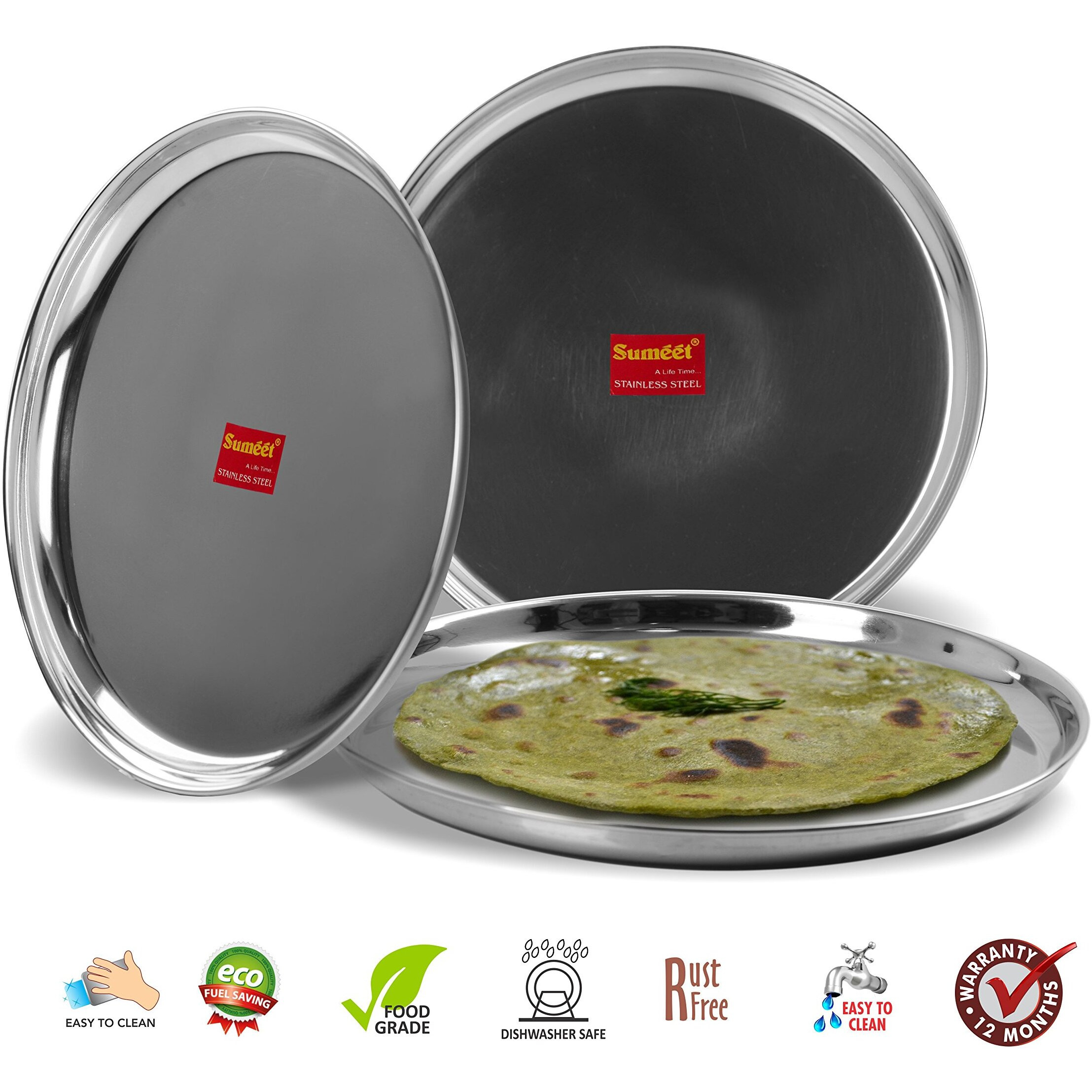 Sumeet Stainless Steel Heavy Gauge Dinner Plates with Mirror Finish 30cm Dia - Set of 3pc