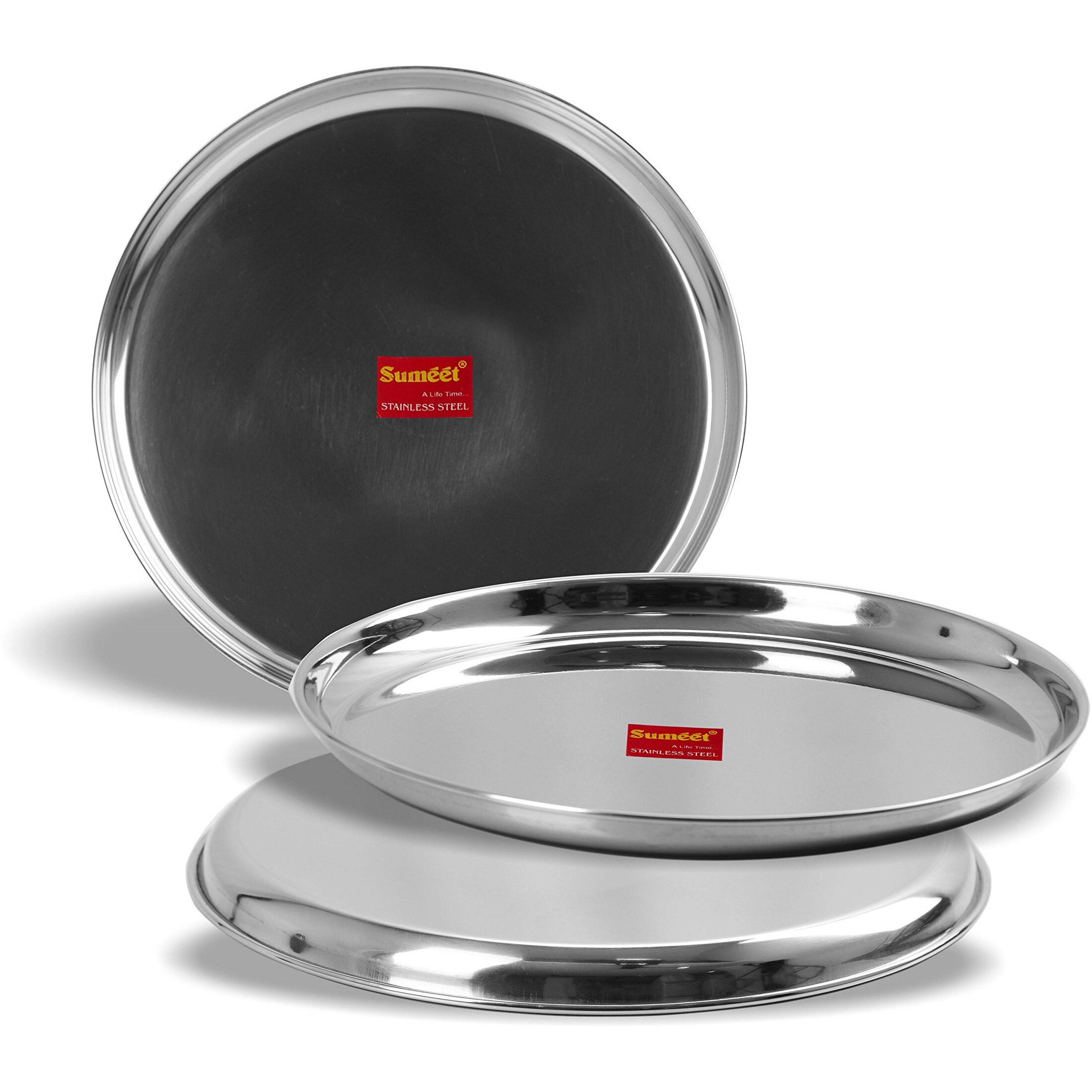 Sumeet Stainless Steel Heavy Gauge Dinner Plates with Mirror Finish 30cm Dia - Set of 3pc