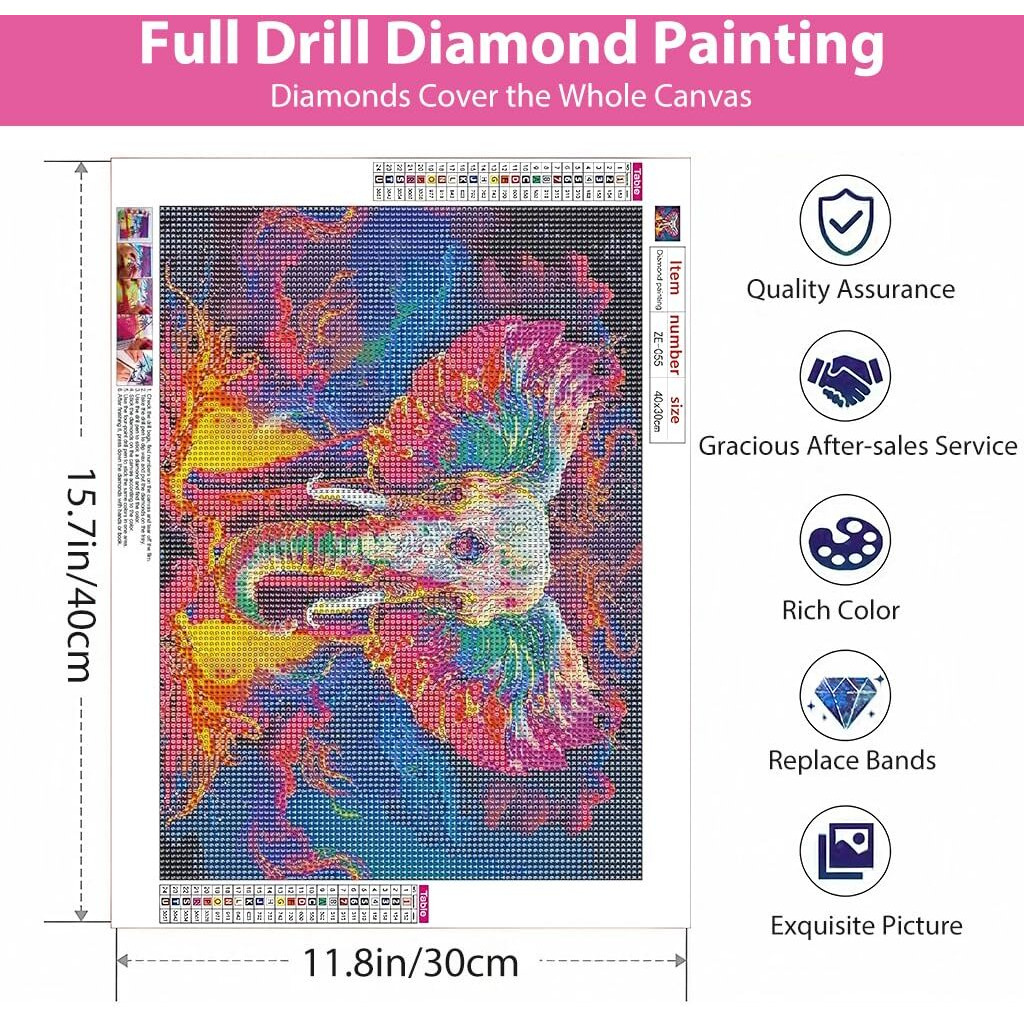 HASTHIP DIY 5D Diamond Painting Kit, Full Drill Diamond Art Painting Kit with Tools and Accessories, Wall Decor Colorful Elephant 5D Diamond Painting Kit for Adults Beginners, 15.8 * 11.8 inch