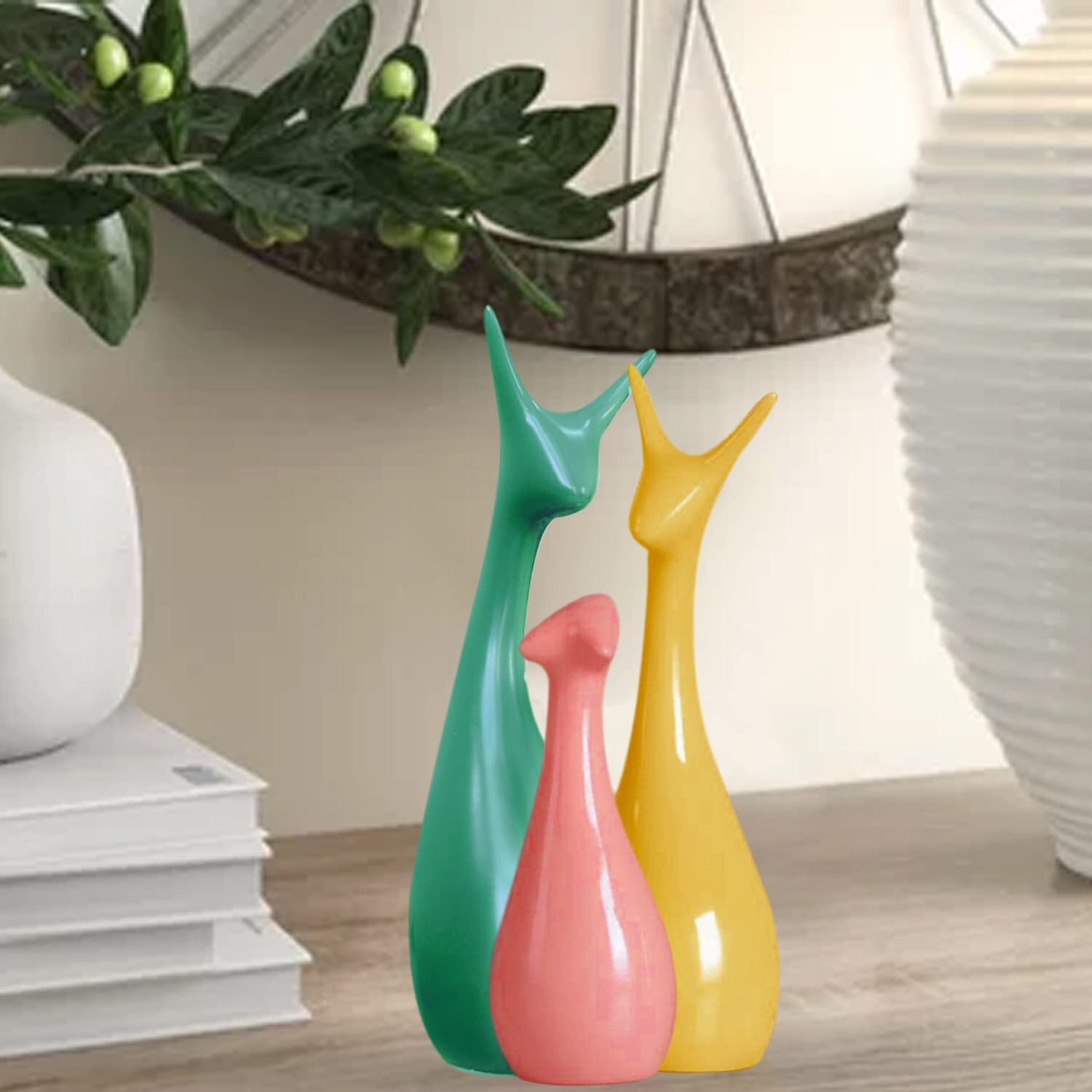 LIFEHAXTORE Home Dcor Lucky Deer Family Set | Piano Finish Ceramic Figures - (Set of 3 Yellow, Pink, LightGreen)