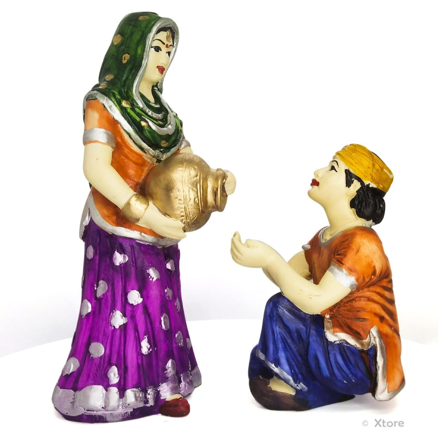 Xtore Village Women with Water Pot Idol Statue Decoreative Showpiece for Home Decor | Handcrafted and Hand Painted (Pack of 2, Multicolor)