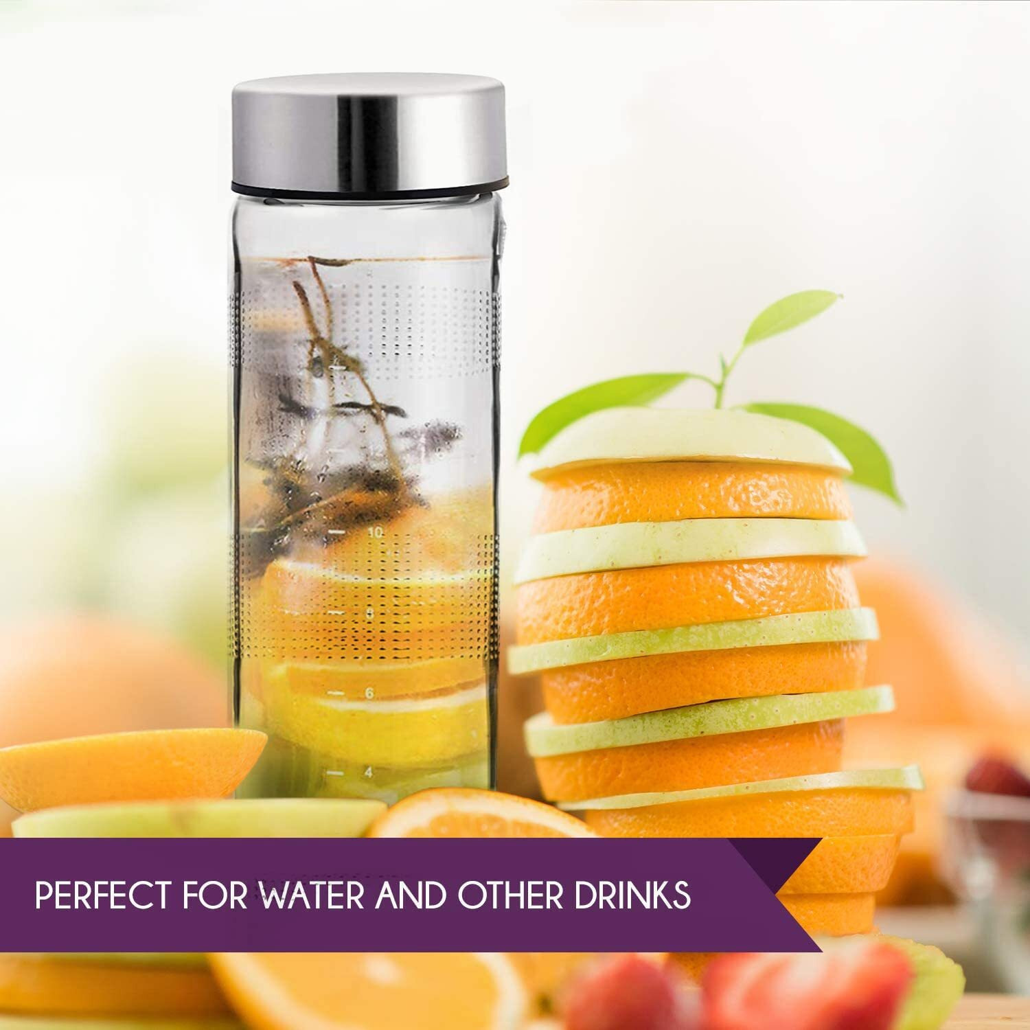 Vency Wide Mouth Glass Water Bottle with Leak-Proof Airtight Double Layer Stainless Steel Lid for Water, Smoothie, Juices - 750ml (Set Of 4)