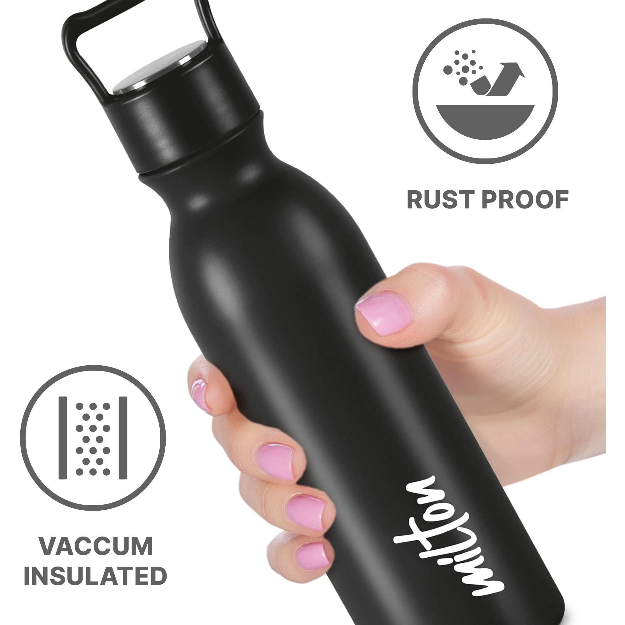 Milton Alice 600 Thermosteel Bottle, 580 ml, Black | 24 Hours Hot and Cold | Easy to Carry | Rust Proof | Tea | Coffee | Office| Gym | Home | Kitchen | Hiking | Trekking | Travel Bottle