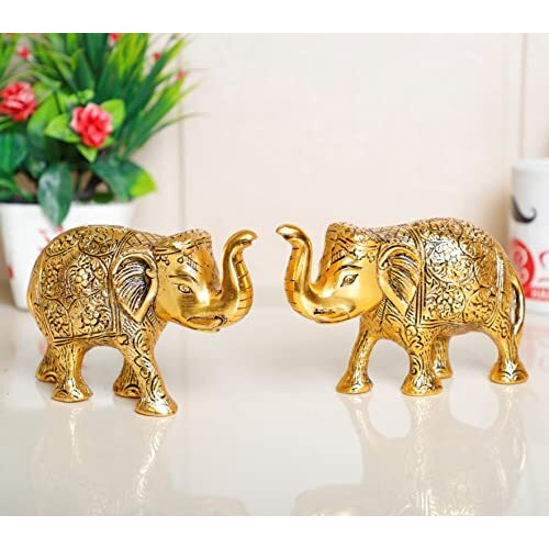 KridayKraft Metal Elephant Statue Medium Size Gold Polish 2 pcs Set for Showpiece Your Home,Office Table & Gift Article,Animal Decorative Showpiece Figurines...