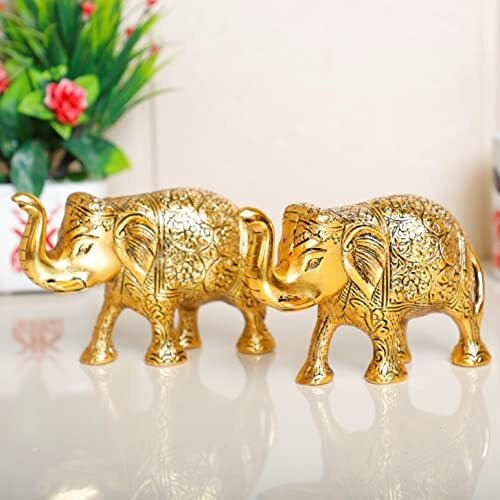 KridayKraft Metal Elephant Statue Medium Size Gold Polish 2 pcs Set for Showpiece Your Home,Office Table & Gift Article,Animal Decorative Showpiece Figurines...