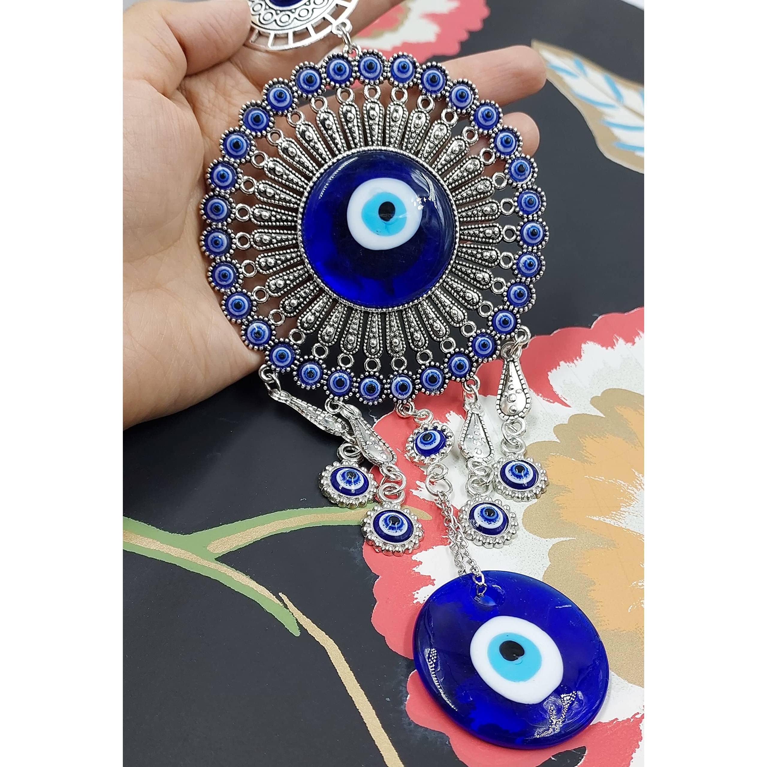 ARTISKRITI Evil Eye Hanging for Home Entrance Door Decoration, Nazar Battu for Home Protection, Good Luck Charm and Prosperity (Blue and Silver)