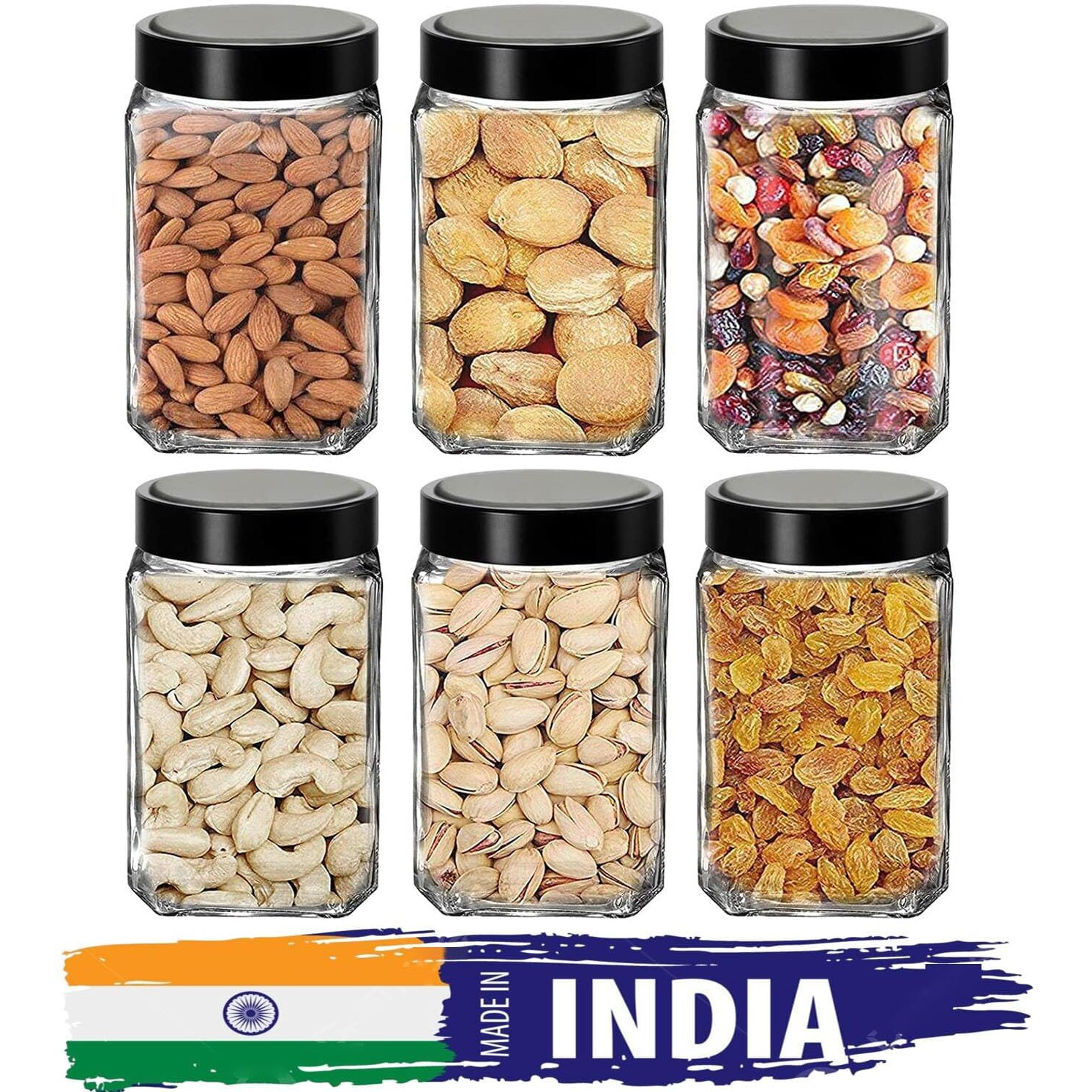 Square Glass Container 1000ml Transparent Glass Jars & Containers for Kitchen Pantry, Masala, Pickles, Cookies, Dry Fruits, Coffee Storage glass jar with Black Plastic Lid (1000ml, Set Of 6)