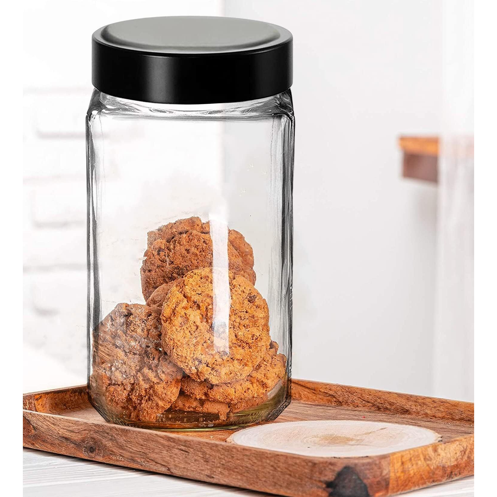 Square Glass Container 1000ml Transparent Glass Jars & Containers for Kitchen Pantry, Masala, Pickles, Cookies, Dry Fruits, Coffee Storage glass jar with Black Plastic Lid (1000ml, Set Of 6)