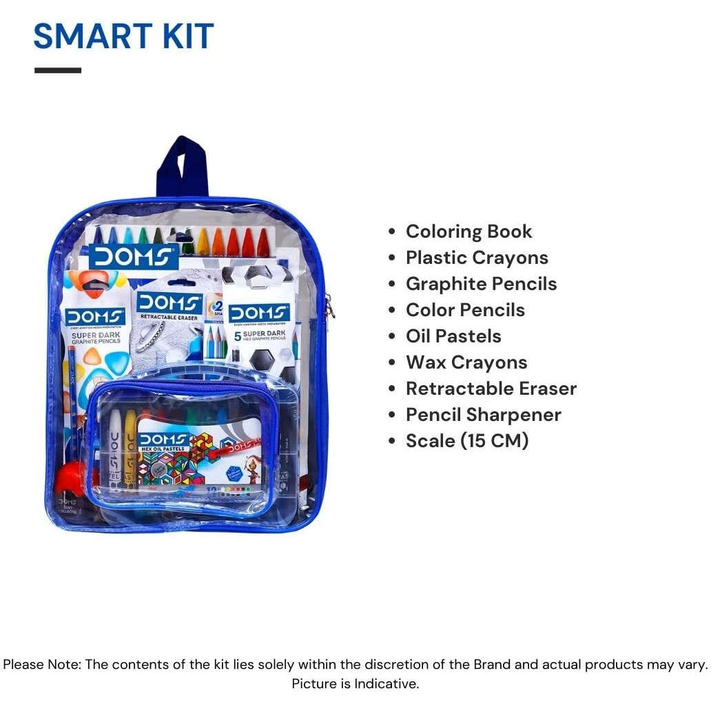 Doms Smart Kit | Comes With Transparent Zipper Bag | Perfect Value Pack | Kit For School Essentials | Gifting Range For Kids | Combination of 12 Stationery Items