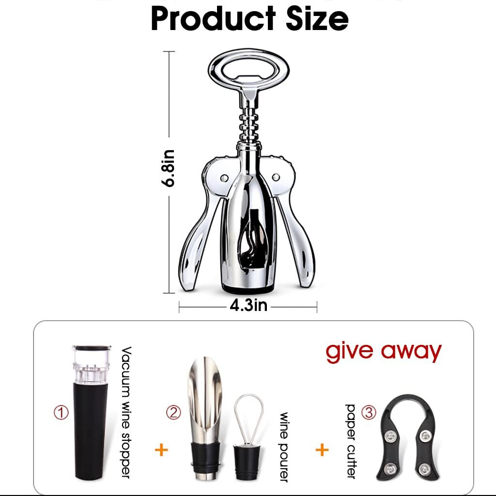 HASTHIP 4 PCS Wine Opener Stainless Steel Corkscrew Set with Vacuum Wine Stopper, Wine Foil Cutter, Wine Aaerator Pourer Wine Corkscrew Supplies Set for Kitchen Restaurant Bars Gifts for Wine Lover