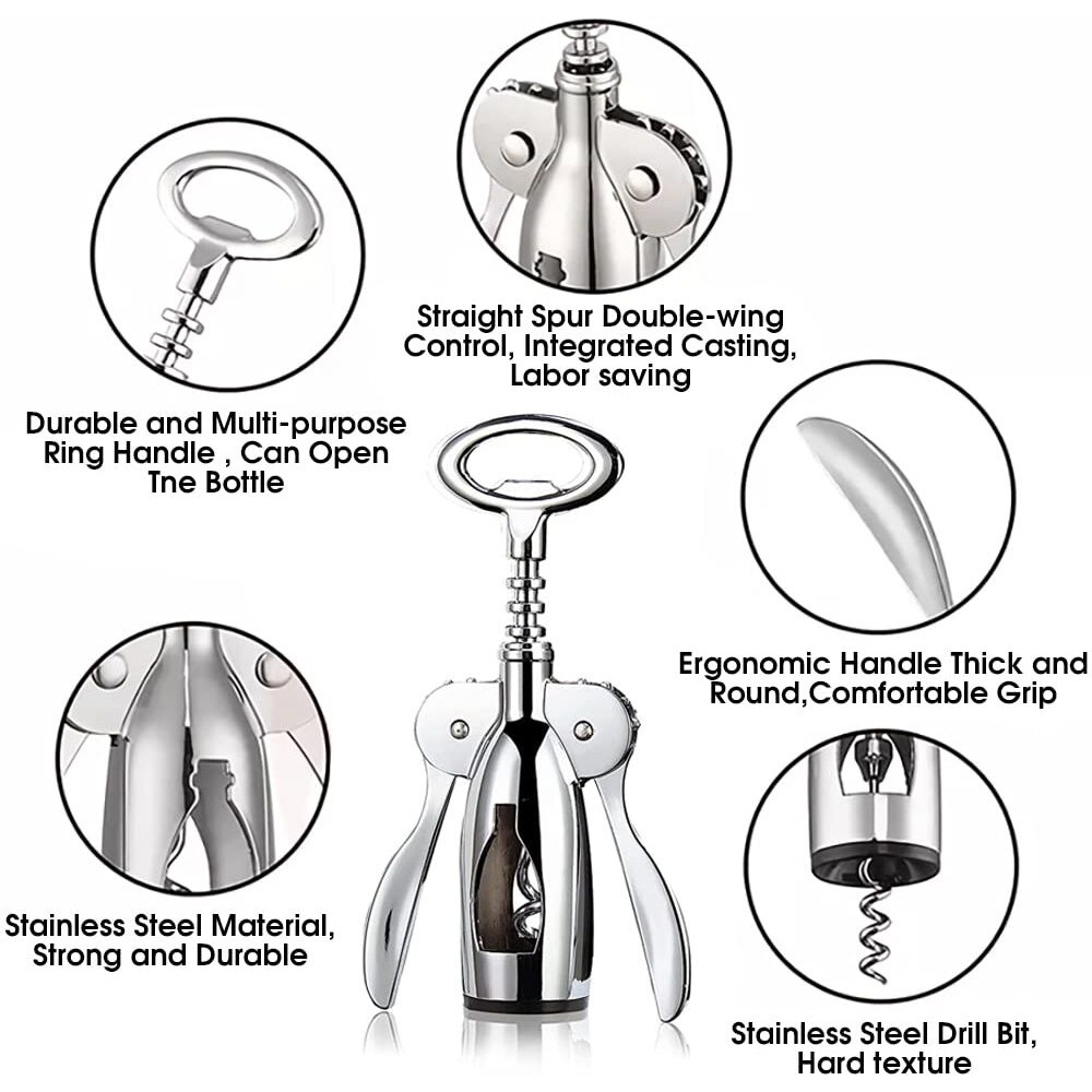 HASTHIP 4 PCS Wine Opener Stainless Steel Corkscrew Set with Vacuum Wine Stopper, Wine Foil Cutter, Wine Aaerator Pourer Wine Corkscrew Supplies Set for Kitchen Restaurant Bars Gifts for Wine Lover