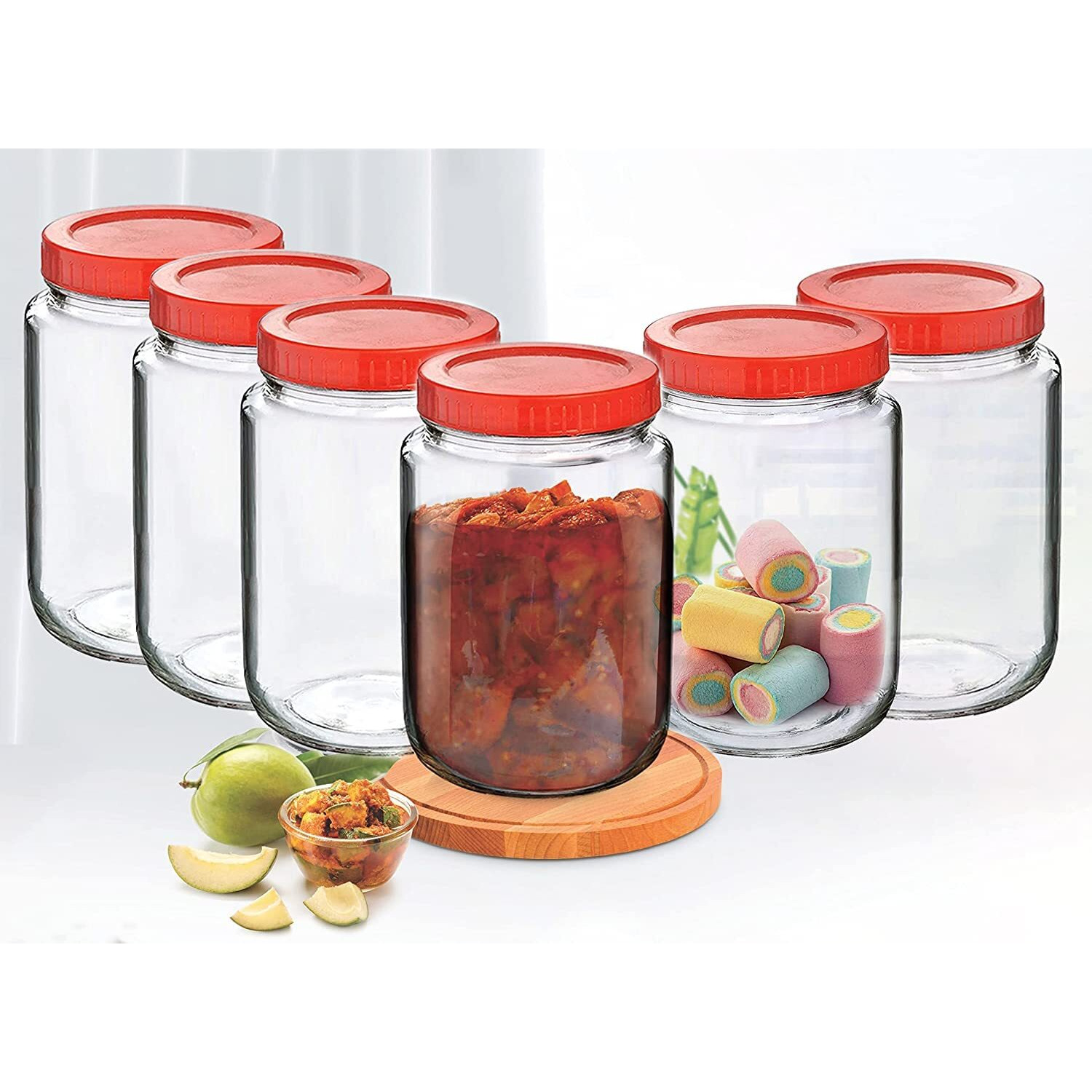 Vency Thick Glass Round Shape Transparent Glass Jars & Containers For Kitchen Pantry,Snacks,Masala,Pickles,Dry Fruits,Coffee Beans Storage With Red Color Plastic Lid(Set Of 6)(1000Ml Round),Blue