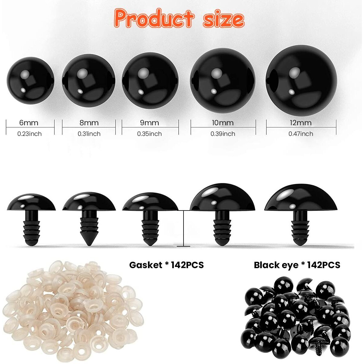 ZIBUYU 142pcs Safety Eyes with Washers for Doll, Colorful Plastic Stuffed Crochet Eyes for DIY Doll Making Crafts/Crochet/Stuffed Animals, Black