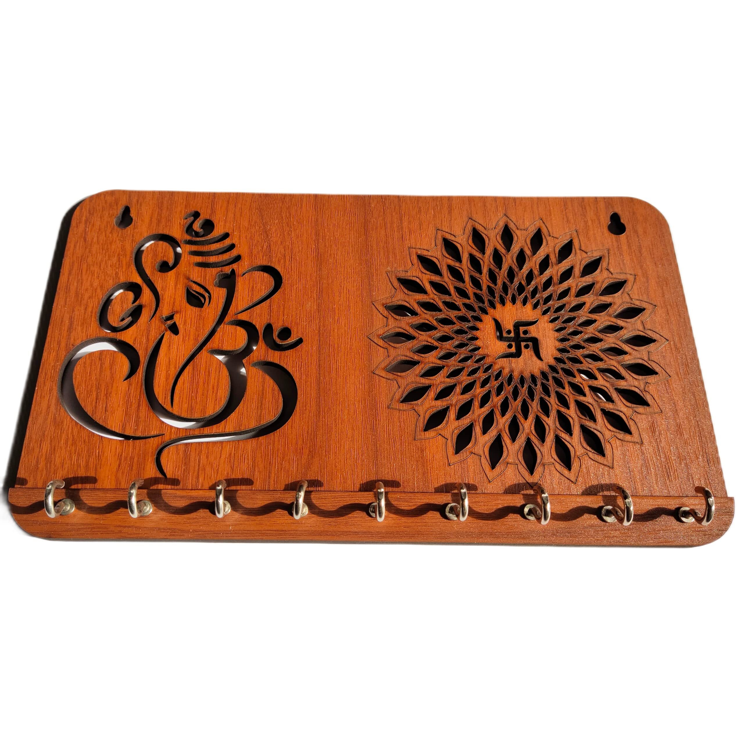 My Dream Carts Ganesha Swastika Chakra Key Holder for Home Decor Item | Stylish Key Hanger Wall Mounted | Handicraft Key Chain Stand | Wooden Keychain Hangers for Office Decoration | Wood Keys Holders