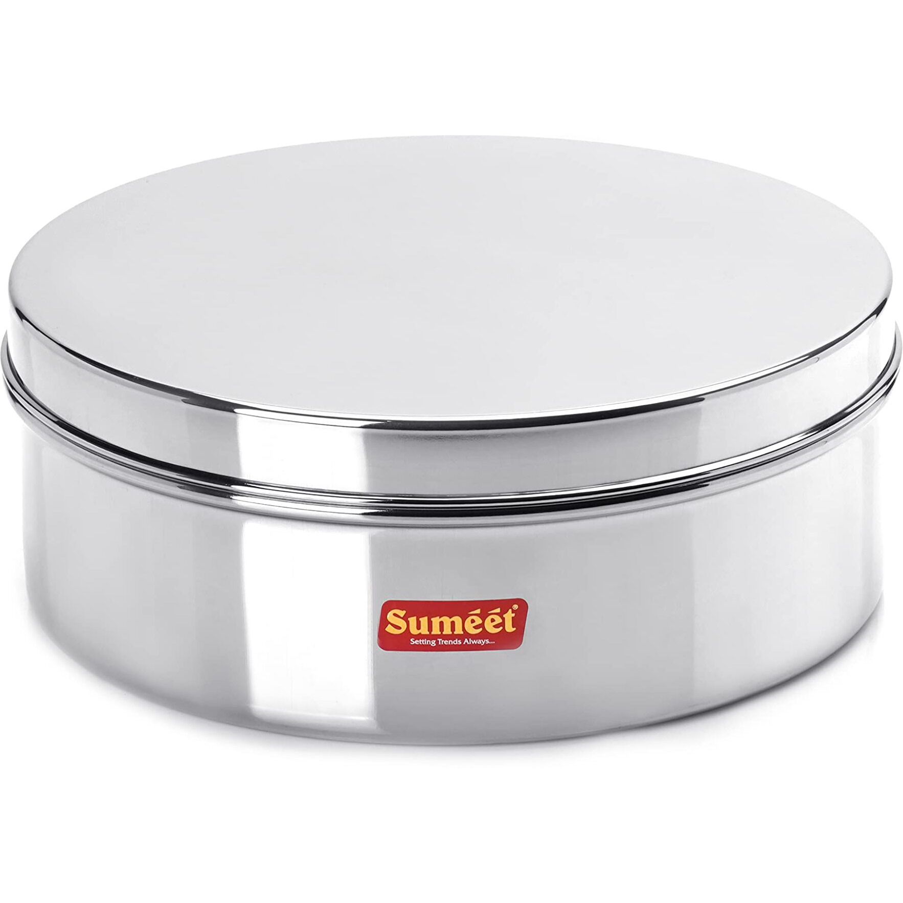 Sumeet Stainless Steel Flat CanisterPuri DabbaStorage Container (2.1Ltr) (20.5cm), Silver