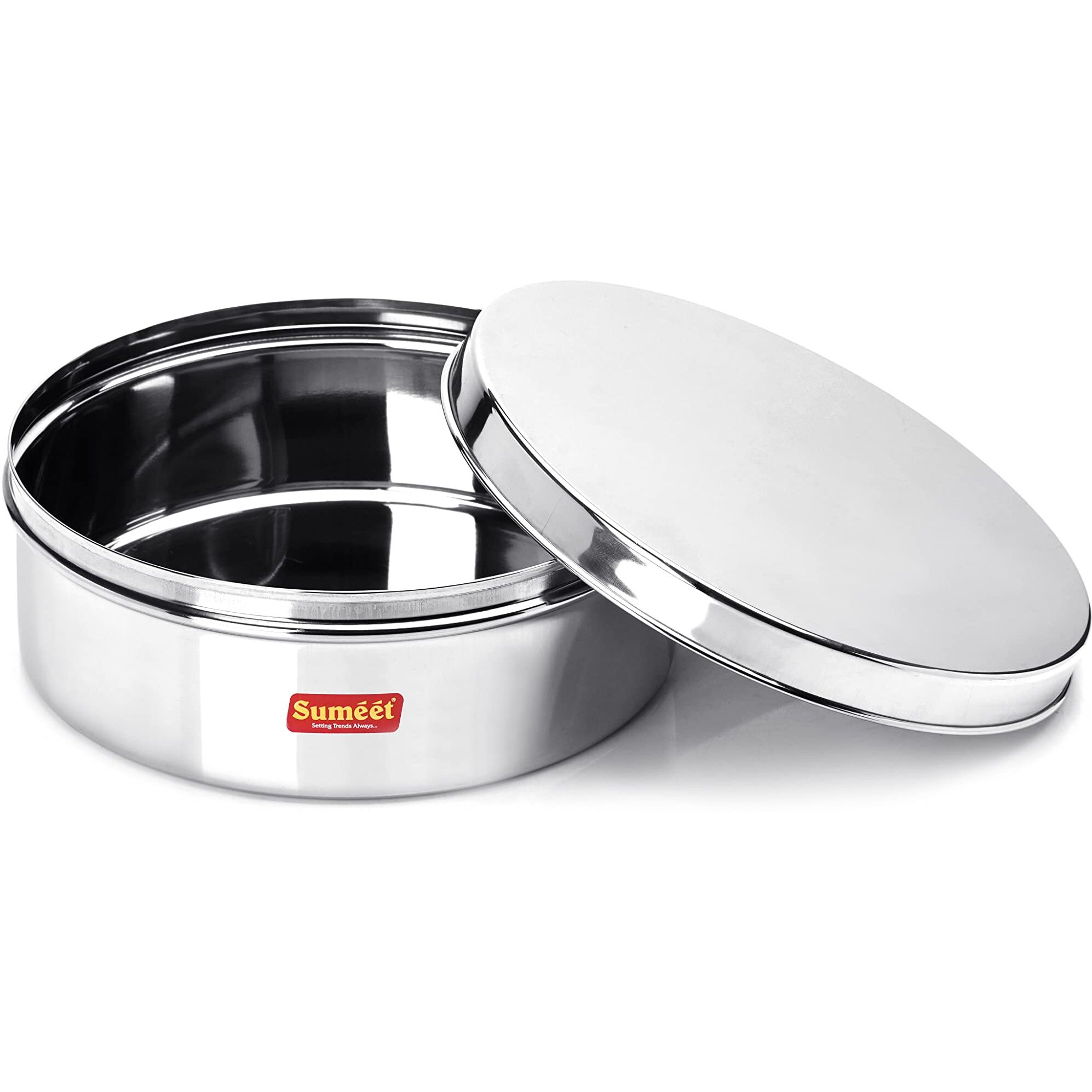 Sumeet Stainless Steel Flat CanisterPuri DabbaStorage Container (2.1Ltr) (20.5cm), Silver