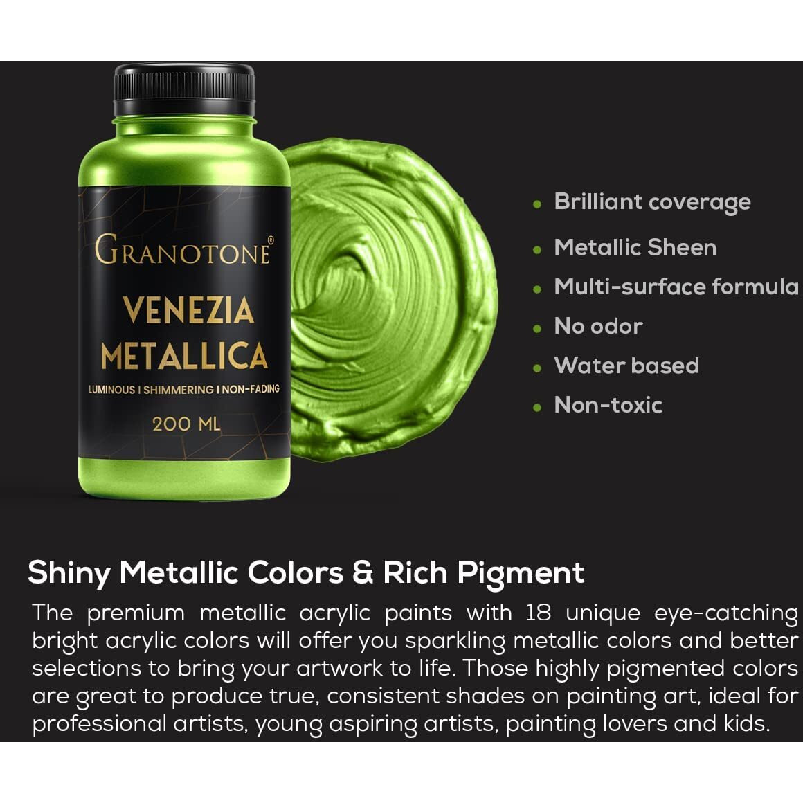 GRANOTONE Acrylic Venezia Metallic Color 200 ML Extra Sheen Non Fading Indoor/Outdoor Non Toxic Multi-Surface Pro Artist Hobby Painters & Kid Made in India TEMPLE GOLD