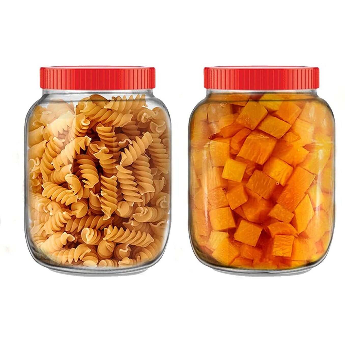 Vency 3000Ml Glass Round Transparent Glass Jars 3Kg & Containers For Kitchen Pantry, Snacks, Masala, Pickles Red Color Plastic Lid (Set Of 2) (3000Ml Round Red Cap)