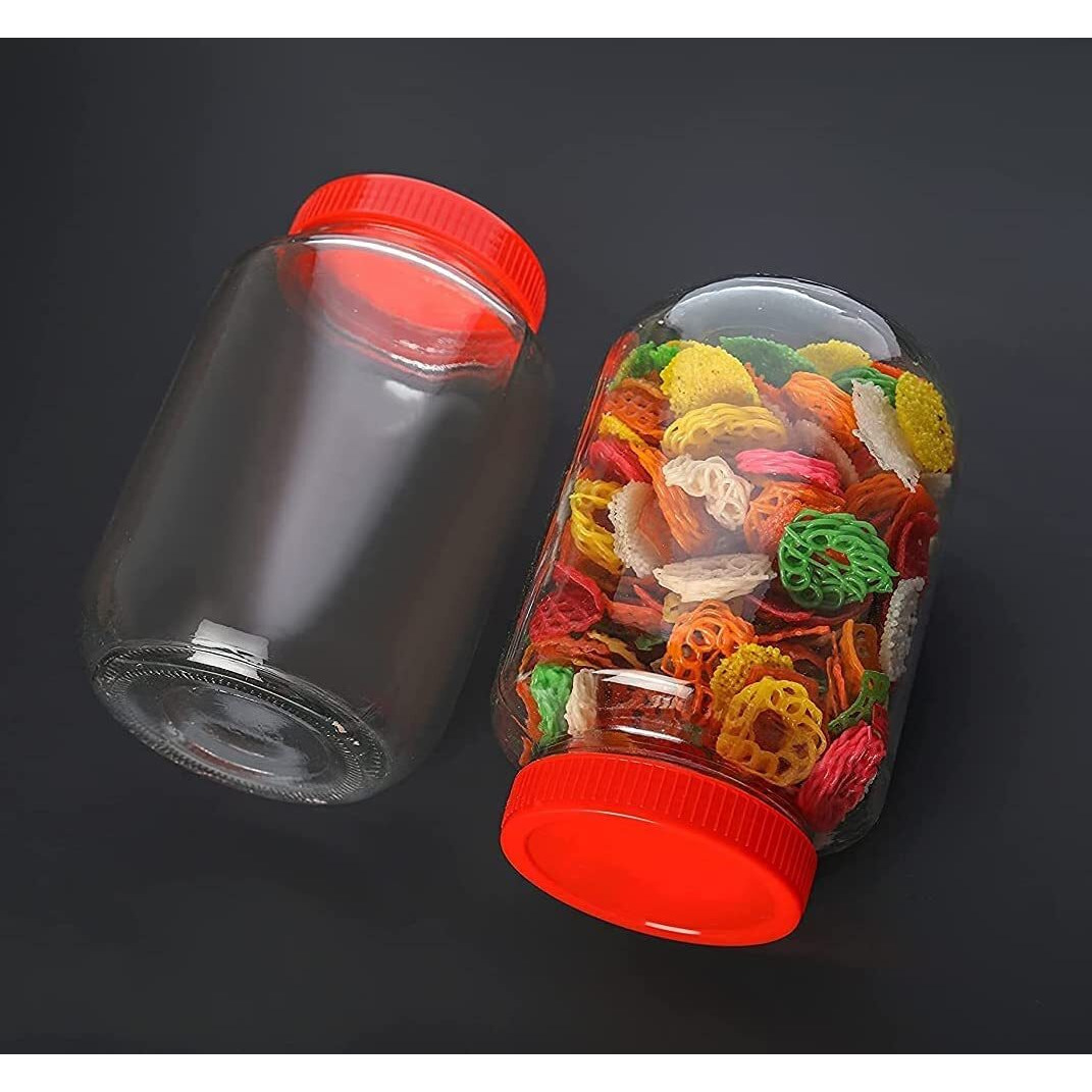 Vency 3000Ml Glass Round Transparent Glass Jars 3Kg & Containers For Kitchen Pantry, Snacks, Masala, Pickles Red Color Plastic Lid (Set Of 2) (3000Ml Round Red Cap)