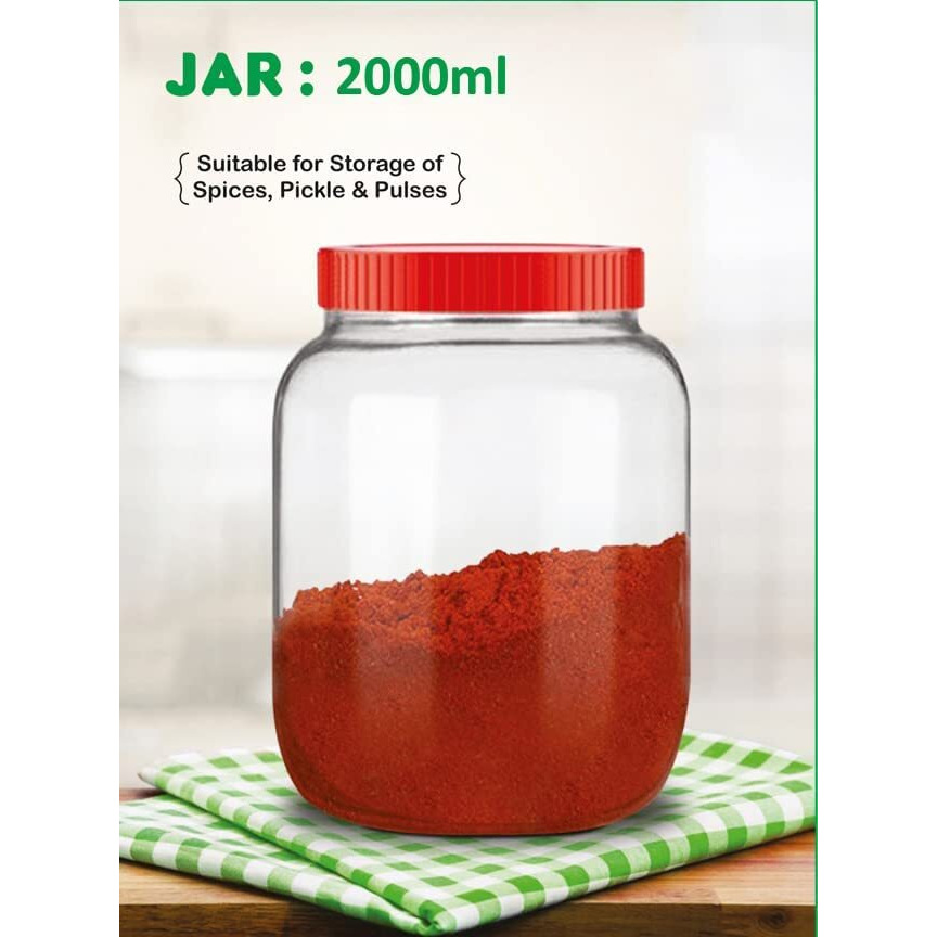 Vency Glass Jar 2000 ml | Round Jars for kitchen 2Kg | Transparent Containers for Kitchen Pantry, Flour, Cereal, Masala, Dry Fruits | Airtight Glass Container | Red Cap | Set of 2