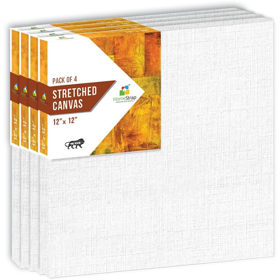 Homestrap Primed Cotton Pre Stretched Canvas with Wooden Frame (White, 12 x 12 Inch (Pack of 4))