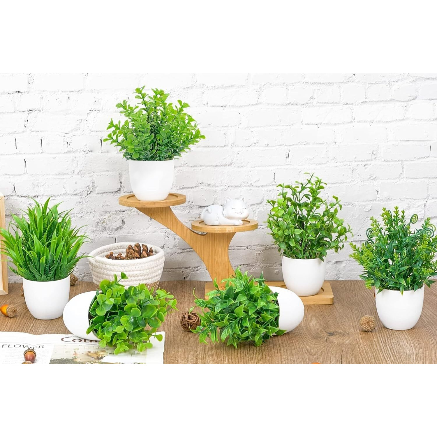 Dekorly Artificial Plants Small Fake Potted Plants,Mini Eucalyptus Potted Faux Decorative Grass Plant With White Pot For Home Decor,Indoor,Office,Desk,Shelf,Table Decoration|Pack Of 10 - Plastic