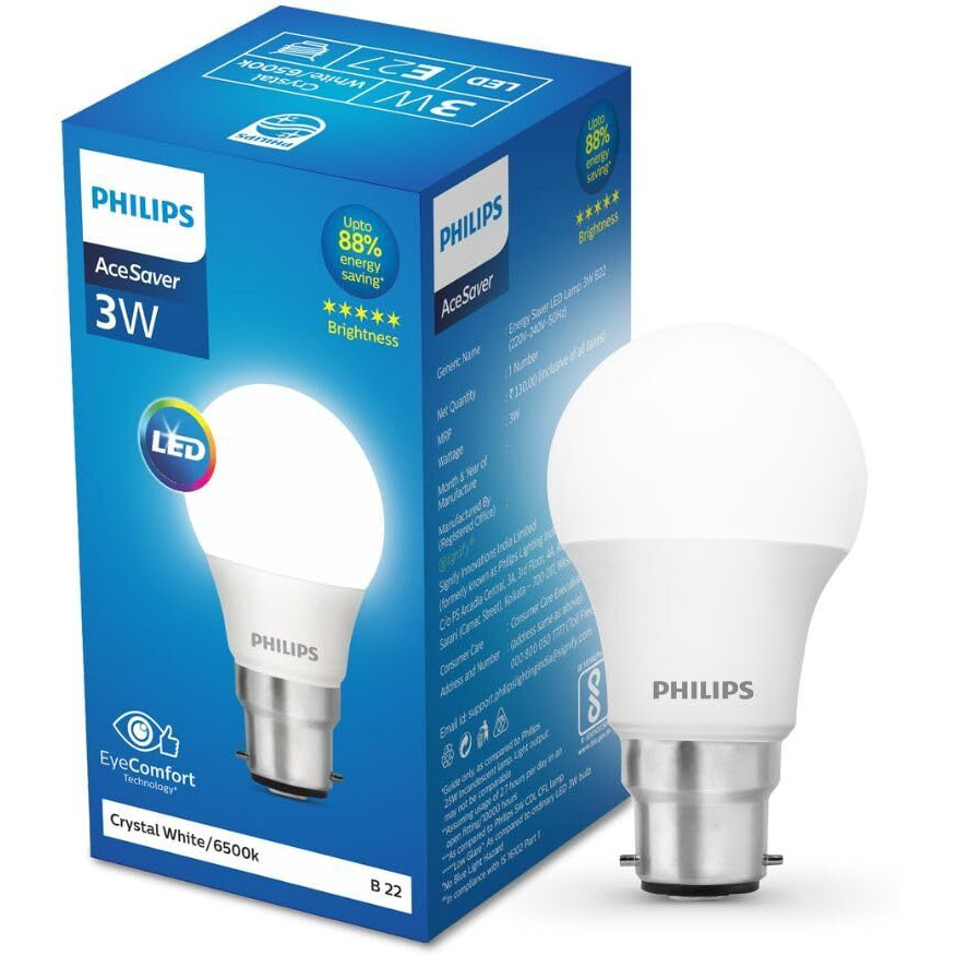 PHILIPS 3-watt LED Bulb | AceSaver LED Bulb | Base B22 Light Bulb for Home | Crystal White, Pack of 4